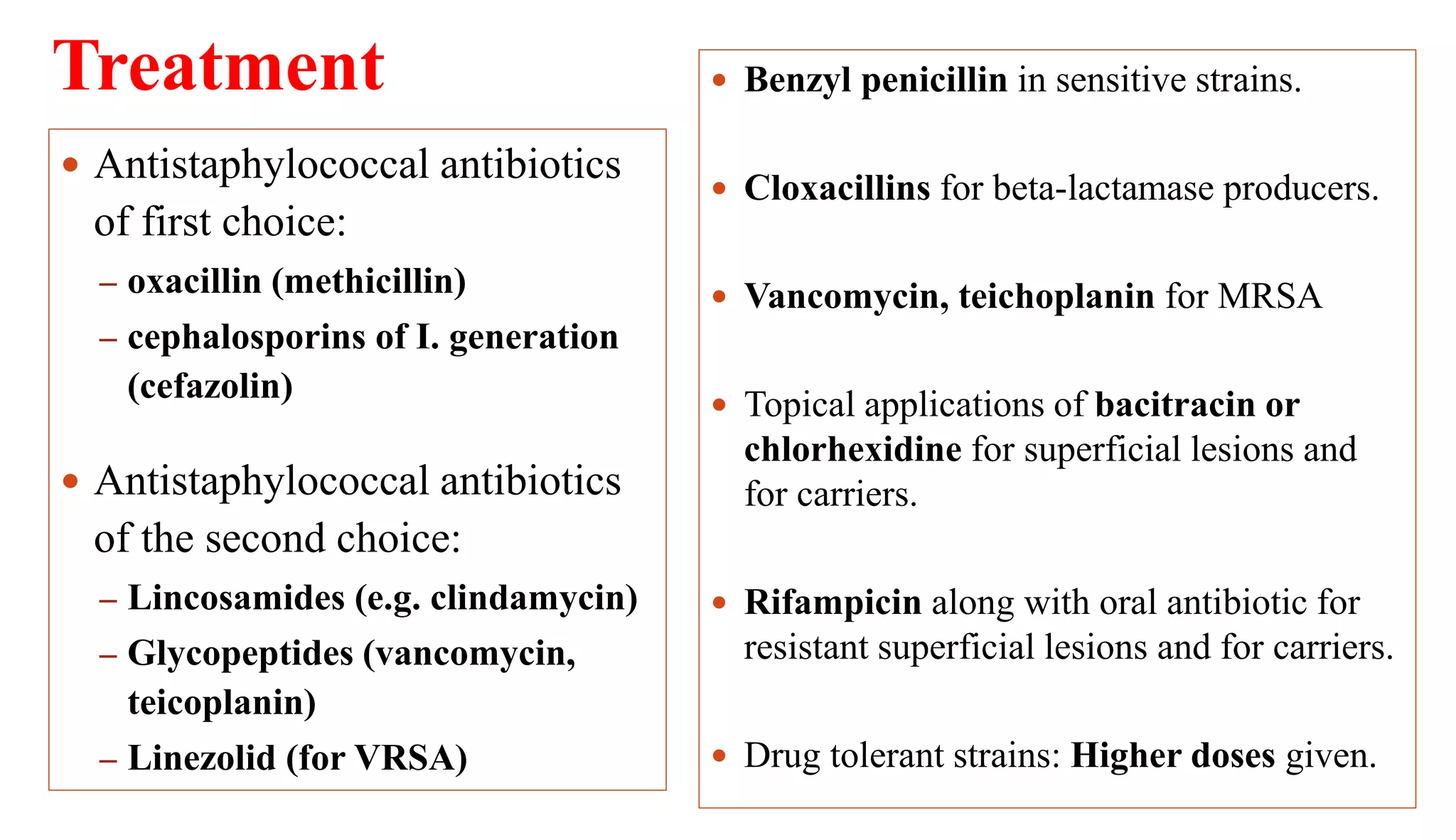 Treatment
40
 Antistaphylococcal antibiotics
of first choice:
– oxacillin (methicillin)
– cephalosporins of I. generation
(cefazolin)
 Antistaphylococcal antibiotics
of the second choice:
– Lincosamides (e.g. clindamycin)
– Glycopeptides (vancomycin,
teicoplanin)
– Linezolid (for VRSA)
 Benzyl penicillin in sensitive strains.
 Cloxacillins for beta-lactamase producers.
 Vancomycin, teichoplanin for MRSA
 Topical applications of bacitracin or
chlorhexidine for superficial lesions and
for carriers.
 Rifampicin along with oral antibiotic for
resistant superficial lesions and for carriers.
 Drug tolerant strains: Higher doses given.
 