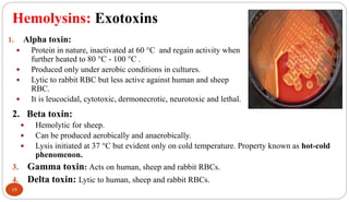 Hemolysins: Exotoxins
19
1. Alpha toxin:
 Protein in nature, inactivated at 60 C and regain activity when
further heated to 80 C - 100 C .
 Produced only under aerobic conditions in cultures.
 Lytic to rabbit RBC but less active against human and sheep
RBC.
 It is leucocidal, cytotoxic, dermonecrotic, neurotoxic and lethal.
2. Beta toxin:
 Hemolytic for sheep.
 Can be produced aerobically and anaerobically.
 Lysis initiated at 37 C but evident only on cold temperature. Property known as hot-cold
phenomenon.
3. Gamma toxin: Acts on human, sheep and rabbit RBCs.
4. Delta toxin: Lytic to human, sheep and rabbit RBCs.
 