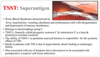 TSST: Superantigen
23
 Toxic Shock Syndrome characterised by
fever, hypotension, vomiting, diarrhoea and erythematous rash with desquamation
and hyperaemia of mucous membranes.
 Belongs to bacteriophage group I.
 TSST-1, formerly called pyrogenic exotoxin C & enterotoxin F, is a heat &
proteolysis resistant exotoxin.
 The ability of TSST-1 to penetrate mucosal barriers is responsible for the systemic
effects of TSS.
 Death in patients with TSS is due to hypovolemic shock leading to multiorgan
failure.
 Was associated with use of tampons but is also known to be associated with
postoperative wound or soft tissue infections.
 