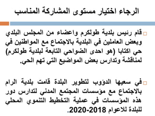 ‫قام‬‫رئيس‬‫بلدية‬‫طولكرم‬‫واعضاء‬‫من‬‫المجلس‬‫البلد‬‫ي‬
‫وبعض‬‫العاملين‬‫في‬‫البلدية‬‫باالجتماع‬‫مع‬‫المواطني‬‫ن‬‫في‬
‫حي‬‫اكتابا‬(‫هو‬‫احدى‬‫الضواحي‬‫التابعة‬‫لبلدية‬‫طولك‬‫رم‬)
‫لمناقشة‬‫وتدارس‬‫بعض‬‫المواضيع‬‫التي‬‫تهم‬‫الحي‬.
‫في‬‫سعيها‬‫الدؤوب‬‫لتطوير‬‫البلدة‬‫قامت‬‫بلدية‬‫الرام‬
‫باالجتماع‬‫مع‬‫مؤسسات‬‫المجتمع‬‫المدني‬‫لتدارس‬‫دور‬
‫هذه‬‫المؤسسات‬‫في‬‫عملية‬‫التخطيط‬‫التنموي‬‫المحلي‬
‫للبلدة‬‫لالعوام‬2018-2020.
 