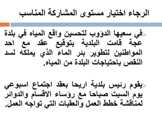 ‫في‬‫سعيها‬‫الدؤوب‬‫لتحسين‬‫واقع‬‫المياه‬‫في‬‫بلدة‬
‫عجة‬‫قامت‬‫البلدية‬‫بتوقيع‬‫عقد‬‫مع‬‫احد‬
‫المواطنين‬‫لتطوير‬‫بئر‬‫الماء‬‫الذي‬‫يملكه‬‫لس‬‫د‬
‫النقص‬‫باحتياجات‬‫البلدة‬‫من‬‫المياه‬.
‫يقوم‬‫رئيس‬‫بلدية‬‫اريحا‬‫بعقد‬‫اجتماع‬‫اسبو‬‫عي‬
‫يوم‬‫السبت‬‫صباحا‬‫مع‬‫رؤساء‬‫االقسام‬‫والدوائ‬‫ر‬
‫لمناقشة‬‫خطط‬‫العمل‬‫والعقبات‬‫التي‬‫تواجه‬‫الع‬‫مل‬.
 