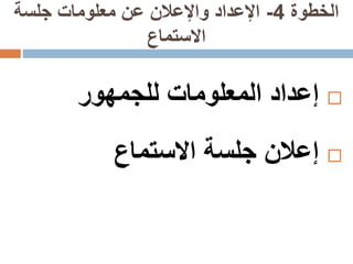 ‫الخطوة‬4-‫جلسة‬ ‫معلومات‬ ‫عن‬ ‫واإلعالن‬ ‫اإلعداد‬
‫االستماع‬
‫إعداد‬‫المعلومات‬‫للجمهور‬
‫إعالن‬‫جلسة‬‫االستماع‬
 