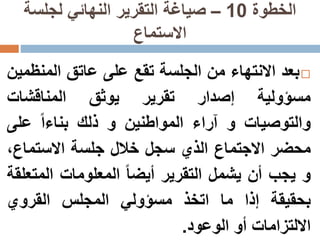 ‫الخطوة‬10–‫لجلسة‬ ‫النهائي‬ ‫التقرير‬ ‫صياغة‬
‫االستماع‬
‫بعد‬‫االنتهاء‬‫من‬‫الجلسة‬‫تقع‬‫على‬‫عاتق‬‫المنظ‬‫مين‬
‫مسؤولية‬‫إصدار‬‫تقرير‬‫يوثق‬‫المناقشات‬
‫والتوصيات‬‫و‬‫آراء‬‫المواطنين‬‫و‬‫ذلك‬‫بناءا‬‫على‬
‫محضر‬‫االجتماع‬‫الذي‬‫سجل‬‫خالل‬‫جلسة‬‫االستماع‬،
‫و‬‫يجب‬‫أن‬‫يشمل‬‫التقرير‬‫أيضا‬‫المعلومات‬‫المت‬‫علقة‬
‫بحقيقة‬‫إذا‬‫ما‬‫اتخذ‬‫مسؤولي‬‫المجلس‬‫القروي‬
‫االلتزامات‬‫أو‬‫الوعود‬.
 