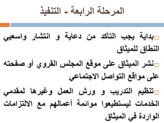 ‫الرابعة‬ ‫المرحلة‬-‫التنفيذ‬
‫بداية‬‫يجب‬‫التأكد‬‫من‬‫دعاية‬‫و‬‫انتشار‬‫واسعي‬‫ي‬
‫النطاق‬‫للميثاق‬
‫نشر‬‫الميثاق‬‫على‬‫موقع‬‫المجلس‬‫القروي‬‫أو‬‫صف‬‫حته‬
‫على‬‫مواقع‬‫التواصل‬‫االجتماعي‬
‫تنظيم‬‫التدريب‬‫و‬‫ورش‬‫العمل‬‫وغيرها‬‫لمقدمي‬
‫الخدمات‬‫ليستطيعوا‬‫موائمة‬‫أعمالهم‬‫مع‬‫االلتزامات‬
‫الواردة‬‫في‬‫الميثاق‬
 