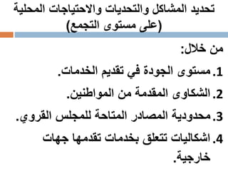 ‫المحلي‬ ‫واالحتياجات‬ ‫والتحديات‬ ‫المشاكل‬ ‫تحديد‬‫ة‬
(‫التجمع‬ ‫مستوى‬ ‫على‬)
‫خالل‬ ‫من‬:
.1‫الخدمات‬ ‫تقديم‬ ‫في‬ ‫الجودة‬ ‫مستوى‬.
.2‫المواطنين‬ ‫من‬ ‫المقدمة‬ ‫الشكاوى‬.
.3‫القروي‬ ‫للمجلس‬ ‫المتاحة‬ ‫المصادر‬ ‫محدودية‬.
.4‫جهات‬ ‫تقدمها‬ ‫بخدمات‬ ‫تتعلق‬ ‫اشكاليات‬
‫خارجية‬.
 