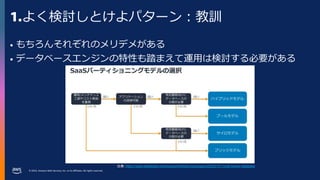 © 2023, Amazon Web Services, Inc. or its affiliates. All rights reserved.
1.よく検討しとけよパターン：教訓
• もちろんそれぞれのメリデメがある
• データベースエンジンの特性も踏まえて運用は検討する必要がある
出典: https://www.slideshare.net/AmazonWebServicesJapan/20220107-multi-tenant-database
 