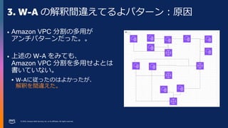 © 2023, Amazon Web Services, Inc. or its affiliates. All rights reserved.
3. W-A の解釈間違えてるよパターン：原因
• Amazon VPC 分割の多用が
アンチパターンだった。。
• 上述の W-A をみても、
Amazon VPC 分割を多用せよとは
書いていない。
 W-Aに従ったのはよかったが、
解釈を間違えた。
 