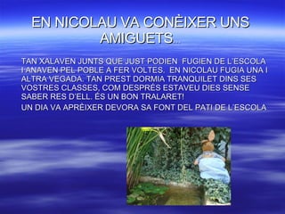 EN NICOLAU VA CONÈIXER UNS AMIGUETS … TAN XALAVEN JUNTS QUE JUST PODIEN  FUGIEN DE L’ESCOLA I ANAVEN PEL POBLE A FER VOLTES.  EN NICOLAU FUGIA UNA I ALTRA VEGADA. TAN PREST DORMIA TRANQUILET DINS SES VOSTRES CLASSES, COM DESPRÉS ESTAVEU DIES SENSE SABER RES D’ELL. ÉS UN BON TRALARET! UN DIA VA APRÈIXER DEVORA SA FONT DEL PATI DE L’ESCOLA  