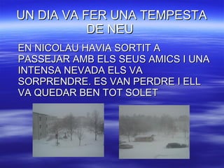 UN DIA VA FER UNA TEMPESTA DE NEU  EN NICOLAU HAVIA SORTIT A PASSEJAR AMB ELS SEUS AMICS I UNA INTENSA NEVADA ELS VA SORPRENDRE. ES VAN PERDRE I ELL VA QUEDAR BEN TOT SOLET 