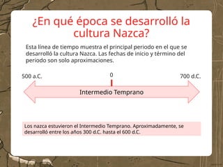 ¿En qué época se desarrolló la
cultura Nazca?
Esta línea de tiempo muestra el principal periodo en el que se
desarrolló la cultura Nazca. Las fechas de inicio y término del
periodo son solo aproximaciones.
Los nazca estuvieron el Intermedio Temprano. Aproximadamente, se
desarrolló entre los años 300 d.C. hasta el 600 d.C.
500 a.C. 0 700 d.C.
Intermedio Temprano
 
