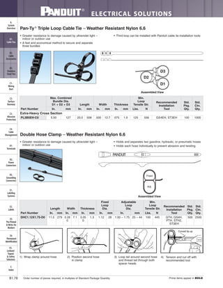 ELECTRICAL SOLUTIONS
Order number of pieces required, in multiples of Standard Package Quantity. Prime items appear in BOLD.B1.78
B2.
Cable
Accessories
C1.
Wiring
Duct
C3.
Abrasion
Protection
C4.
Cable
Management
D1.
Terminals
D2.
Power
Connectors
E1.
Labeling
Systems
E2.
Labels
E3.
Pre-Printed
& Write-On
Markers
F.
Index
B3.
Stainless
Steel Ties
C2.
Surface
Raceway
E5.
Lockout/
Tagout
& Safety
Solutions
B1.
Cable Ties
A.
System
Overview
D3.
Grounding
Connectors
E4.
Permanent
Identification
• Greater resistance to damage caused by ultraviolet light –
indoor or outdoor use
• A fast and economical method to secure and separate
three bundles
• Third loop can be installed with Panduit cable tie installation tools
Pan-Ty®
Triple Loop Cable Tie – Weather Resistant Nylon 6.6
Part Number
Max. Combined
Bundle Dia.
D1 + D2 + D3 Length Width Thickness
Min.
Loop
Tensile Str.
Recommended
Installation
Tool
Std.
Pkg.
Qty.
Std.
Ctn.
Qty.In. mm In. mm In. mm In. mm Lbs. N
Extra-Heavy Cross Section
PL3B5EH-C0 5.00 127 20.0 508 .500 12.7 .075 1.9 125 556 GS4EH, ST3EH 100 1000
D1
D2
D3
Assembled View
• Greater resistance to damage caused by ultraviolet light –
indoor or outdoor use
• Holds and separates two gasoline, hydraulic, or pneumatic hoses
• Holds each hose individually to prevent abrasion and twisting
Double Hose Clamp – Weather Resistant Nylon 6.6
Assembled View
Fixed
Adj.
Curved tip up
GS4H
1) Wrap clamp around hose 2) Position second hose
in clamp
3) Loop tail around second hose
and thread tail through both
spacer heads
4) Tension and cut off with
recommended tool
Part Number
Length Width Thickness
Fixed
Loop
Dia.
Adjustable
Loop
Dia.
Min.
Loop
Tensile Str.
Recommended
Installation
Tool
Std.
Pkg.
Qty.
Std.
Ctn.
Qty.In. mm In. mm In. mm In. mm In. mm Lbs. N
DHC1.12X1.75-D0 11.0 279 0.28
0
7.1 0.05
0
1.3 1.12 28 1.00 – 1.75 25 – 44 100 445 GTH, GS4H,
PTH, STH2,
ST3EH
500 2500
 