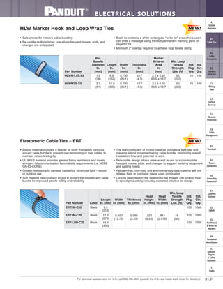 ELECTRICAL SOLUTIONS
B1.91
B2.
Cable
Accessories
C1.
Wiring
Duct
C3.
Abrasion
Protection
C4.
Cable
Management
D1.
Terminals
D2.
Power
Connectors
E1.
Labeling
Systems
E2.
Labels
E3.
Pre-Printed
& Write-On
Markers
F.
Index
B3.
Stainless
Steel Ties
C2.
Surface
Raceway
E5.
Lockout/
Tagout
& Safety
Solutions
B1.
Cable Ties
A.
System
Overview
D3.
Grounding
Connectors
E4.
Permanent
Identification
For technical assistance in the U.S., call 866-405-6654 (outside the U.S., see inside back cover for directory)
HLW Marker Hook and Loop Wrap Ties
• Safe choice for network cable bundling
• Re-usable multiple times; use where frequent moves, adds, and
changes are anticipated
• Black tie contains a white rectangular "write-on" area where users
can write a message using Panduit permanent marking pens on
page B2.28
• Minimum 2" overlap required to achieve loop tensile rating
Elastomeric Cable Ties – ERT
• Elastic material provides a flexible tie body that safely contours
around cable bundle to prevent over-tensioning of data cables to
maintain network integrity
• UL 94V-0 material provides greater flame resistance and meets
stringent telecommunication flammability requirements (i.e. NEBS
GR-63-CORE)
• Greater resistance to damage caused by ultraviolet light – indoor
or outdoor use
• Soft material has no sharp edges to protect the installer and cable
bundle for improved jobsite safety and reliability
• The high coefficient of friction material provides a tight grip and
prevents lateral movement along cable bundle, minimizing overall
installation time and potential re-work
• Releasable design allows release and re-use to accommodate
frequent moves, adds, and changes to support evolving equipment
and cabling needs
• Halogen-free, non-toxic and environmentally safe material will not
release toxic or corrosive gases upon combustion
• Locking head design; the tapered tip tail threads into locking head
to speed productivity; industry-accepted, intuitive tie design
Part Number Color
Length
In. (mm)
Width
In. (mm)
Thickness
In. (mm)
Head
Height
In. (mm)
Head
Width
In. (mm)
Min. Loop
Tensile
Strength
Lbs. (N)
Std.
Pkg.
Qty.
Std.
Ctn.
Qty.
ERT2M-C20 Black 8.5
(216)
0.500
(12.70)
0.090
(2.29)
.323
(8.20)
.841
(21.36)
18
(80)
100 1000
ERT3M-C20 Black 11.0
(279)
100 1000
ERT4.5M-C20 Black 16.0
(406)
100 1000
Part Number
Max.
Bundle
Diameter
In.
(mm)
Length
In.
(mm)
Width
In.
(mm)
Thickness
In.
(mm)
Marker
Write-on
Area
In.
(mm)
Min. Loop
Tensile
Strength
Lbs. (N)
Std.
Pkg.
Qty.
Std.
Ctn.
Qty.
HLWM1.5S-X0 1.5
(38)
6.0
(152)
0.790
(20.1)
0.17
(4.3)
2.5 x 0.50
63.5 x 12.7
50
(222)
10 100
HLWM3S-X0 3.2
(81)
12.0
(305)
0.790
(20.1)
0.17
(4.3)
2.5 x 0.50
63.5 x 12.7
50
(222)
10 100
 