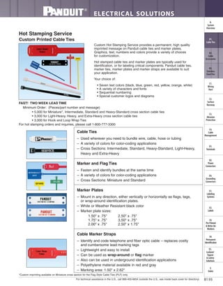 For technical assistance in the U.S., call 866-405-6654 (outside the U.S., see inside back cover for directory)
ELECTRICAL SOLUTIONS
B1.93
B2.
Cable
Accessories
C1.
Wiring
Duct
C3.
Abrasion
Protection
C4.
Cable
Management
D1.
Terminals
D2.
Power
Connectors
E1.
Labeling
Systems
E2.
Labels
E3.
Pre-Printed
& Write-On
Markers
F.
Index
B3.
Stainless
Steel Ties
C2.
Surface
Raceway
E5.
Lockout/
Tagout
& Safety
Solutions
B1.
Cable Ties
A.
System
Overview
D3.
Grounding
Connectors
E4.
Permanent
Identification
Cable Ties
– Used wherever you need to bundle wire, cable, hose or tubing
– A variety of colors for color-coding applications
– Cross Sections: Intermediate, Standard, Heavy-Standard, Light-Heavy,
Heavy and Extra-Heavy
Marker and Flag Ties
– Fasten and identify bundles at the same time
– A variety of colors for color-coding applications
– Cross Sections: Miniature and Standard
Marker Plates
– Mount in any direction, either vertically or horizontally as flags, tags,
or wrap-around identification plates.
– White or Weather Resistant black color
– Marker plate sizes:
1.50" x .75" 2.50" x .75"
1.75" x .75" 3.50" x .75"
2.00" x .75" 2.50" x 1.75"
Cable Marker Straps
– Identify and code telephone and fiber optic cable – replaces costly
and cumbersome lead marking tags
– Lightweight and easy to install
– Can be used as wrap-around or flag marker
– Also can be used in underground identification applications
– Polyethylene material available in red and gray
– Marking area: 1.50" x 2.62"
Hot Stamping Service
Custom Printed Cable Ties
Custom Hot Stamping Service provides a permanent, high quality
imprinted message on Panduit cable ties and marker plates.
Graphics, text, numbers and colors provide a variety of choices
for customization.
Hot stamped cable ties and marker plates are typically used for
identification, or for labeling critical components. Panduit cable ties,
marker ties, marker plates and marker straps are available to suit
your application.
Your choice of:
• Seven text colors (black, blue, green, red, yellow, orange, white)
• A variety of characters and fonts
• Sequential numbering
• Special customer logos and diagrams
FAST! TWO WEEK LEAD TIME
Minimum Order: (Pieces/part number and message)
• 5,000 for Miniature*, Intermediate, Standard and Heavy-Standard cross section cable ties
• 3,000 for Light-Heavy, Heavy, and Extra-Heavy cross section cable ties
• 3,000 for Hook and Loop Wrap Ties
For hot stamping orders and inquiries, please call 1-800-777-3300
*Custom imprinting available on Miniature cross section for the Flag Style Cable Ties (PLF) only.
 