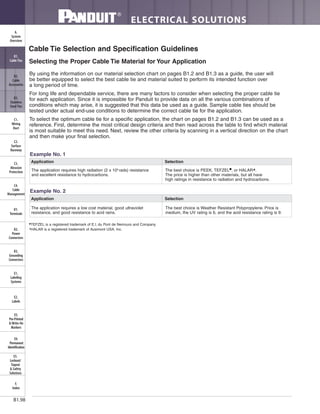 ELECTRICAL SOLUTIONS
B1.98
B2.
Cable
Accessories
C1.
Wiring
Duct
C3.
Abrasion
Protection
C4.
Cable
Management
D1.
Terminals
D2.
Power
Connectors
E1.
Labeling
Systems
E2.
Labels
E3.
Pre-Printed
& Write-On
Markers
F.
Index
B3.
Stainless
Steel Ties
C2.
Surface
Raceway
E5.
Lockout/
Tagout
& Safety
Solutions
B1.
Cable Ties
A.
System
Overview
D3.
Grounding
Connectors
E4.
Permanent
Identification
Selecting the Proper Cable Tie Material for Your Application
By using the information on our material selection chart on pages B1.2 and B1.3 as a guide, the user will
be better equipped to select the best cable tie and material suited to perform its intended function over
a long period of time.
For long life and dependable service, there are many factors to consider when selecting the proper cable tie
for each application. Since it is impossible for Panduit to provide data on all the various combinations of
conditions which may arise, it is suggested that this data be used as a guide. Sample cable ties should be
tested under actual end-use conditions to determine the correct cable tie for the application.
To select the optimum cable tie for a specific application, the chart on pages B1.2 and B1.3 can be used as a
reference. First, determine the most critical design criteria and then read across the table to find which material
is most suitable to meet this need. Next, review the other criteria by scanning in a vertical direction on the chart
and then make your final selection.
Cable Tie Selection and Specification Guidelines
■
TEFZEL is a registered trademark of E.I. du Pont de Nemours and Company.
▲
HALAR is a registered trademark of Ausimont USA, Inc.
The application requires a low cost material, good ultraviolet
resistance, and good resistance to acid rains.
The best choice is Weather Resistant Polypropylene. Price is
medium, the UV rating is 6, and the acid resistance rating is 9.
Application Selection
Example No. 2
The application requires high radiation (2 x 108
rads) resistance
and excellent resistance to hydrocarbons.
The best choice is PEEK, TEFZEL■
, or HALAR▲.
The price is higher than other materials, but all have
high ratings in resistance to radiation and hydrocarbons.
Example No. 1
Application Selection
 
