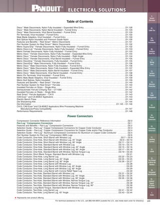 xiiiFor technical assistance in the U.S., call 866-405-6654 (outside the U.S., see inside back cover for directory)
ELECTRICAL SOLUTIONS
Table of Contents
Disco™
Male Disconnects, Nylon Fully Insulated – Expanded Wire Entry . . . . . . . . . . . . . . . . . . . . . . . . . . . . . . . . . . . .D1.128
Disco™
Male Disconnects, Nylon Barrel Insulated – Funnel Entry . . . . . . . . . . . . . . . . . . . . . . . . . . . . . . . . . . . . . . . . .D1.129
Disco™
Male Disconnects, Vinyl Barrel Insulated – Funnel Entry . . . . . . . . . . . . . . . . . . . . . . . . . . . . . . . . . . . . . . . . . .D1.129
Pin Terminals, Vinyl Insulated – Funnel Entry . . . . . . . . . . . . . . . . . . . . . . . . . . . . . . . . . . . . . . . . . . . . . . . . . . . . . . . . .D1.130
Male Blade Adapters, Vinyl Insulated – Funnel Entry . . . . . . . . . . . . . . . . . . . . . . . . . . . . . . . . . . . . . . . . . . . . . . . . . . .D1.130
Butt Splices Nylon Insulated and Premium Grade Nylon . . . . . . . . . . . . . . . . . . . . . . . . . . . . . . . . . . . . . . . . . . . . . . . .D1.130
Features and Benefits – Reel Smart™
Metric Disconnects . . . . . . . . . . . . . . . . . . . . . . . . . . . . . . . . . . . . . . . . . . . . . . .D1.131
Part Number System for Reel Smart™
Metric Disconnects . . . . . . . . . . . . . . . . . . . . . . . . . . . . . . . . . . . . . . . . . . . . . . .D1.132
Metric Supra-Grip™
Female Disconnects, Nylon Fully Insulated – Funnel Entry . . . . . . . . . . . . . . . . . . . . . . . . . . . . . . .D1.132
Metric Disco-Lok™
Female Disconnects, Nylon Fully Insulated – Funnel Entry . . . . . . . . . . . . . . . . . . . . . . . . . . . . . . .D1.133
Metric Female Disconnects, Nylon Fully Insulated – Funnel Entry . . . . . . . . . . . . . . . . . . . . . . . . . . . . . . . . . . . . . . . . .D1.133
Metric Disco™
Female Disconnects, Nylon Fully Insulated – Expanded Wire Entry . . . . . . . . . . . . . . . . . . . . . . . . . . . .D1.134
Metric Disco™
Female Disconnects, Nylon Fully Insulated – Right Angle . . . . . . . . . . . . . . . . . . . . . . . . . . . . . . . . . . . .D1.134
Metric Disco™
Female Disconnects, Vinyl Barrel Insulated – Funnel Entry . . . . . . . . . . . . . . . . . . . . . . . . . . . . . . . . . . .D1.135
Metric DiscoGrip™
Female Disconnects, Fully Insulated – Funnel Entry . . . . . . . . . . . . . . . . . . . . . . . . . . . . . . . . . . . . .D1.135
Metric DiscoGrip™
Male Disconnects, Fully Insulated – Funnel Entry . . . . . . . . . . . . . . . . . . . . . . . . . . . . . . . . . . . . . . .D1.136
Metric Disco™
Male Disconnects, Nylon Fully Insulated – Funnel Entry . . . . . . . . . . . . . . . . . . . . . . . . . . . . . . . . . . . . .D1.136
Metric Disco™
Male Disconnects, Nylon Fully Insulated – Expanded Wire Entry . . . . . . . . . . . . . . . . . . . . . . . . . . . . . .D1.137
Metric Disco™
Male Disconnects, Nylon Barrel Insulated – Funnel Entry . . . . . . . . . . . . . . . . . . . . . . . . . . . . . . . . . . . .D1.137
Metric Disco™
Male Disconnects, Vinyl Barrel Insulated – Funnel Entry . . . . . . . . . . . . . . . . . . . . . . . . . . . . . . . . . . . . .D1.138
Metric Pin Terminals, Vinyl Insulated – Funnel Entry . . . . . . . . . . . . . . . . . . . . . . . . . . . . . . . . . . . . . . . . . . . . . . . . . . . .D1.138
Metric Male Blade Adapters, Vinyl Insulated – Funnel Entry . . . . . . . . . . . . . . . . . . . . . . . . . . . . . . . . . . . . . . . . . . . . . .D1.139
Metric Butt Splices, Nylon Insulated . . . . . . . . . . . . . . . . . . . . . . . . . . . . . . . . . . . . . . . . . . . . . . . . . . . . . . . . . . . . . . . . .D1.139
Features and Benefits – Reel Smart™
Ferrules . . . . . . . . . . . . . . . . . . . . . . . . . . . . . . . . . . . . . . . . . . . . . . . . . . . . . . . .D1.140
Part Number System for Reel Smart™
Ferrules . . . . . . . . . . . . . . . . . . . . . . . . . . . . . . . . . . . . . . . . . . . . . . . . . . . . . . . .D1.140
Insulated Ferrules on Strips – Single Wire . . . . . . . . . . . . . . . . . . . . . . . . . . . . . . . . . . . . . . . . . . . . . . . . . . . . . . . . . . . .D1.141
Semiautomatic Ferrule Crimping Tool – CT-1000 . . . . . . . . . . . . . . . . . . . . . . . . . . . . . . . . . . . . . . . . . . . . . . . . . . . . . . .D1.142
Insulated Ferrules on Reels – Single Wire . . . . . . . . . . . . . . . . . . . . . . . . . . . . . . . . . . . . . . . . . . . . . . . . . . . . . . . . . . . .D1.142
Reel Smart™
Ferrule Applicator – CA10 . . . . . . . . . . . . . . . . . . . . . . . . . . . . . . . . . . . . . . . . . . . . . . . . . . . . . . . . . . . . .D1.143
CA9 Ezair™
and CA-800EZ Applicators . . . . . . . . . . . . . . . . . . . . . . . . . . . . . . . . . . . . . . . . . . . . . . . . . . . . . . . . . . . . . .D1.143
Electric Bench Press . . . . . . . . . . . . . . . . . . . . . . . . . . . . . . . . . . . . . . . . . . . . . . . . . . . . . . . . . . . . . . . . . . . . . . . . . . . .D1.144
Die Sharpening Kits . . . . . . . . . . . . . . . . . . . . . . . . . . . . . . . . . . . . . . . . . . . . . . . . . . . . . . . . . . . . . . . . . . . . . . . . . . . . .D1.144
Die Information . . . . . . . . . . . . . . . . . . . . . . . . . . . . . . . . . . . . . . . . . . . . . . . . . . . . . . . . . . . . . . . . . . . . . . . . .D1.145 – D1.146
CA10, CA9 Ezair™
and CA-800EZ Applicators Wire Processing Machine
Manufacturer/Press Compatibility . . . . . . . . . . . . . . . . . . . . . . . . . . . . . . . . . . . . . . . . . . . . . . . . . . . . . . . . . . . . . . .D1.147
Performance Requirements . . . . . . . . . . . . . . . . . . . . . . . . . . . . . . . . . . . . . . . . . . . . . . . . . . . . . . . . . . . . . . . . . . . . . . .D1.148
Power Connectors
Compression Connector Reference Information . . . . . . . . . . . . . . . . . . . . . . . . . . . . . . . . . . . . . . . . . . . . . . . . . . . . . . . . .D2.0
Pan-Lug™
Compression Connectors . . . . . . . . . . . . . . . . . . . . . . . . . . . . . . . . . . . . . . . . . . . . . . . . . . . . . . . . . . . . . . . .D2.1
Features and Benefits – Pan-Lug™
Compression Connectors . . . . . . . . . . . . . . . . . . . . . . . . . . . . . . . . . . . . . . . . . . . . . . .D2.2
Selection Guide – Pan-Lug™
Copper Compression Connectors for Copper Code Conductor . . . . . . . . . . . . . . . . . . . . . .D2.3
Selection Guide – Pan-Lug™
Copper Compression Connectors for Copper Code and/or Flex Conductor . . . . . . . . . . . . .D2.4
Selection Guide – Pan-Lug™
Aluminum Compression Connectors for Aluminum or Copper Code Conductor . . . . . . . . .D2.5
Part Number System for Pan-Lug™
Compression AWG Lugs . . . . . . . . . . . . . . . . . . . . . . . . . . . . . . . . . . . . . . . . . . . . . . .D2.6
Code Conductor, One-Hole, Short Barrel with Window Lug . . . . . . . . . . . . . . . . . . . . . . . . . . . . . . . . . . . . . . . . . .D2.7 – D2.8
Code Conductor, One-Hole, Short Barrel with Window Lug, 45° Angle . . . . . . . . . . . . . . . . . . . . . . . . . . . . . . . .D2.9 – D2.10
Code Conductor, One-Hole, Short Barrel with Window Lug, 90° Angle . . . . . . . . . . . . . . . . . . . . . . . . . . . . . . .D2.11 – D2.12
Code Conductor, One-Hole, Standard Barrel with Window Lug . . . . . . . . . . . . . . . . . . . . . . . . . . . . . . . . . . . . .D2.13 – D2.14
Code Conductor, One-Hole, Standard Barrel with Window Lug, 45° Angle . . . . . . . . . . . . . . . . . . . . . . . . . . . . .D2.15 – D2.16
Code Conductor, One-Hole, Standard Barrel with Window Lug, 90° Angle . . . . . . . . . . . . . . . . . . . . . . . . . . . . .D2.17 – D2.18
Code Conductor, One-Hole, Standard Barrel with Window, Narrow Tongue Lug . . . . . . . . . . . . . . . . . . . . . . . .D2.19 – D2.20
Code Conductor, Short Blank Tongue, Standard Barrel with Window Lug . . . . . . . . . . . . . . . . . . . . . . . . . . . . . . . . . . . .D2.21
Code Conductor, One-Hole, Long Barrel Lug . . . . . . . . . . . . . . . . . . . . . . . . . . . . . . . . . . . . . . . . . . . . . . . . . . .D2.22 – D2.23
Code Conductor, One-Hole, Long Barrel Lug, 45° Angle . . . . . . . . . . . . . . . . . . . . . . . . . . . . . . . . . . . . . . . . . .D2.24 – D2.25
Code Conductor, One-Hole, Long Barrel Lug, 90° Angle . . . . . . . . . . . . . . . . . . . . . . . . . . . . . . . . . . . . . . . . . .D2.26 – D2.27
Code Conductor, One-Hole, Long Barrel with Window Lug . . . . . . . . . . . . . . . . . . . . . . . . . . . . . . . . . . . . . . . . . . . . . . . .D2.28
Code Conductor, One-Hole, Long Barrel with Window Lug, 45° Angle . . . . . . . . . . . . . . . . . . . . . . . . . . . . . . . . . . . . . . .D2.29
Code Conductor, One-Hole, Long Barrel with Window Lug, 90° Angle . . . . . . . . . . . . . . . . . . . . . . . . . . . . . . . . . . . . . . .D2.29
Code Conductor, One-Hole, Long Barrel with Corona Relief Taper Lug . . . . . . . . . . . . . . . . . . . . . . . . . . . . . . . . . . . . . .D2.30
Code Conductor, Two-Hole, Standard Barrel with Window Lug . . . . . . . . . . . . . . . . . . . . . . . . . . . . . . . . . . . . . .D2.31 – D2.32
Code Conductor, Two-Hole, Standard Barrel with Window Lug, 45° Angle . . . . . . . . . . . . . . . . . . . . . . . . . . . . .D2.33 – D2.34
Code Conductor, Two-Hole, Standard Barrel with Window Lug, 90° Angle . . . . . . . . . . . . . . . . . . . . . . . . . . . . .D2.35 – D2.36
Code Conductor, Two-Hole, Standard Barrel with Window, Narrow Tongue Lug . . . . . . . . . . . . . . . . . . . . . . . . . . . . . . . .D2.37
Code Conductor, Two-Hole, Standard Barrel with Window, Narrow Tongue Lug, 45° . . . . . . . . . . . . . . . . . . . . . . . . . . . .D2.38
Code Conductor, Two-Hole, Standard Barrel with Window, Narrow Tongue Lug, 90° . . . . . . . . . . . . . . . . . . . . . . . . . . . .D2.39
Code Conductor, Long Blank Tongue, Standard Barrel with Window Lug . . . . . . . . . . . . . . . . . . . . . . . . . . . . . . . . . . . . .D2.40
Code Conductor, Two-Hole, Long Barrel Lug . . . . . . . . . . . . . . . . . . . . . . . . . . . . . . . . . . . . . . . . . . . . . . . . . . . .D2.41 – D2.42
Code Conductor, Two-Hole, Long Barrel Lug, 45° Angle . . . . . . . . . . . . . . . . . . . . . . . . . . . . . . . . . . . . . . . . . . .D2.43 – D2.44
B2.
Cable
Accessories
C1.
Wiring
Duct
C3.
Abrasion
Protection
C4.
Cable
Management
D1.
Terminals
D2.
Power
Connectors
E1.
Labeling
Systems
E2.
Labels
E3.
Pre-Printed
& Write-On
Markers
F.
Index
B3.
Stainless
Steel Ties
C2.
Surface
Raceway
E5.
Lockout/
Tagout
& Safety
Solutions
B1.
Cable Ties
A.
System
Overview
D3.
Grounding
Connectors
E4.
Permanent
Identification
★ Represents new product offering.
 
