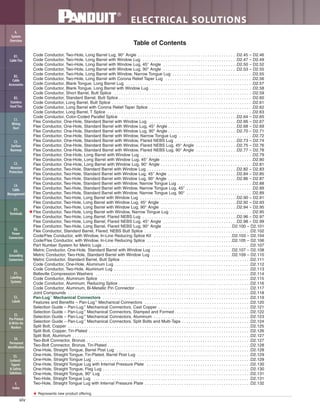xiv
ELECTRICAL SOLUTIONS
Table of Contents
Code Conductor, Two-Hole, Long Barrel Lug, 90° Angle . . . . . . . . . . . . . . . . . . . . . . . . . . . . . . . . . . . . . . . . . . .D2.45 – D2.46
Code Conductor, Two-Hole, Long Barrel with Window Lug . . . . . . . . . . . . . . . . . . . . . . . . . . . . . . . . . . . . . . . . .D2.47 – D2.49
Code Conductor, Two-Hole, Long Barrel with Window Lug, 45° Angle . . . . . . . . . . . . . . . . . . . . . . . . . . . . . . . .D2.50 – D2.52
Code Conductor, Two-Hole, Long Barrel with Window Lug, 90° Angle . . . . . . . . . . . . . . . . . . . . . . . . . . . . . . . .D2.53 – D2.55
Code Conductor, Two-Hole, Long Barrel with Window, Narrow Tongue Lug . . . . . . . . . . . . . . . . . . . . . . . . . . . . . . . . . . .D2.55
Code Conductor, Two-Hole, Long Barrel with Corona Relief Taper Lug . . . . . . . . . . . . . . . . . . . . . . . . . . . . . . . . . . . . . .D2.56
Code Conductor, Blank Tongue, Long Barrel Lug . . . . . . . . . . . . . . . . . . . . . . . . . . . . . . . . . . . . . . . . . . . . . . . . . . . . . . .D2.57
Code Conductor, Blank Tongue, Long Barrel with Window Lug . . . . . . . . . . . . . . . . . . . . . . . . . . . . . . . . . . . . . . . . . . . . .D2.58
Code Conductor, Short Barrel, Butt Splice . . . . . . . . . . . . . . . . . . . . . . . . . . . . . . . . . . . . . . . . . . . . . . . . . . . . . . . . . . . .D2.59
Code Conductor, Standard Barrel, Butt Splice . . . . . . . . . . . . . . . . . . . . . . . . . . . . . . . . . . . . . . . . . . . . . . . . . . . . . . . . . .D2.60
Code Conductor, Long Barrel, Butt Splice . . . . . . . . . . . . . . . . . . . . . . . . . . . . . . . . . . . . . . . . . . . . . . . . . . . . . . . . . . . . .D2.61
Code Conductor, Long Barrel with Corona Relief Taper Splice . . . . . . . . . . . . . . . . . . . . . . . . . . . . . . . . . . . . . . . . . . . . .D2.62
Code Conductor, Long Barrel, T Splice . . . . . . . . . . . . . . . . . . . . . . . . . . . . . . . . . . . . . . . . . . . . . . . . . . . . . . . . . . . . . . .D2.63
Code Conductor, Color-Coded Parallel Splice . . . . . . . . . . . . . . . . . . . . . . . . . . . . . . . . . . . . . . . . . . . . . . . . . .D2.64 – D2.65
Flex Conductor, One-Hole, Standard Barrel with Window Lug . . . . . . . . . . . . . . . . . . . . . . . . . . . . . . . . . . . . . .D2.66 – D2.67
Flex Conductor, One-Hole, Standard Barrel with Window Lug, 45° Angle . . . . . . . . . . . . . . . . . . . . . . . . . . . . . .D2.68 – D2.69
Flex Conductor, One-Hole, Standard Barrel with Window Lug, 90° Angle . . . . . . . . . . . . . . . . . . . . . . . . . . . . . .D2.70 – D2.71
Flex Conductor, One-Hole, Standard Barrel with Window, Narrow Tongue Lug . . . . . . . . . . . . . . . . . . . . . . . . . . . . . . . .D2.72
Flex Conductor, One-Hole, Standard Barrel with Window, Flared NEBS Lug . . . . . . . . . . . . . . . . . . . . . . . . . . .D2.73 – D2.74
Flex Conductor, One-Hole, Standard Barrel with Window, Flared NEBS Lug, 45° Angle . . . . . . . . . . . . . . . . . .D2.75 – D2.76
Flex Conductor, One-Hole, Standard Barrel with Window, Flared NEBS Lug, 90° Angle . . . . . . . . . . . . . . . . . .D2.77 – D2.78
Flex Conductor, One-Hole, Long Barrel with Window Lug . . . . . . . . . . . . . . . . . . . . . . . . . . . . . . . . . . . . . . . . . . . . . . . . .D2.79
Flex Conductor, One-Hole, Long Barrel with Window Lug, 45° Angle . . . . . . . . . . . . . . . . . . . . . . . . . . . . . . . . . . . . . . . .D2.80
Flex Conductor, One-Hole, Long Barrel with Window Lug, 90° Angle . . . . . . . . . . . . . . . . . . . . . . . . . . . . . . . . . . . . . . . .D2.81
Flex Conductor, Two-Hole, Standard Barrel with Window Lug . . . . . . . . . . . . . . . . . . . . . . . . . . . . . . . . . . . . . . .D2.82 – D2.83
Flex Conductor, Two-Hole, Standard Barrel with Window Lug, 45° Angle . . . . . . . . . . . . . . . . . . . . . . . . . . . . . .D2.84 – D2.85
Flex Conductor, Two-Hole, Standard Barrel with Window Lug, 90° Angle . . . . . . . . . . . . . . . . . . . . . . . . . . . . . .D2.86 – D2.87
Flex Conductor, Two-Hole, Standard Barrel with Window, Narrow Tongue Lug . . . . . . . . . . . . . . . . . . . . . . . . . . . . . . . . .D2.88
Flex Conductor, Two-Hole, Standard Barrel with Window, Narrow Tongue Lug, 45° . . . . . . . . . . . . . . . . . . . . . . . . . . . . .D2.89
Flex Conductor, Two-Hole, Standard Barrel with Window, Narrow Tongue Lug, 90° . . . . . . . . . . . . . . . . . . . . . . . . . . . . .D2.89
Flex Conductor, Two-Hole, Long Barrel with Window Lug . . . . . . . . . . . . . . . . . . . . . . . . . . . . . . . . . . . . . . . . . .D2.90 – D2.91
Flex Conductor, Two-Hole, Long Barrel with Window Lug, 45° Angle . . . . . . . . . . . . . . . . . . . . . . . . . . . . . . . . .D2.92 – D2.93
Flex Conductor, Two-Hole, Long Barrel with Window Lug, 90° Angle . . . . . . . . . . . . . . . . . . . . . . . . . . . . . . . . .D2.94 – D2.95
★Flex Conductor, Two-Hole, Long Barrel with Window, Narrow Tongue Lug . . . . . . . . . . . . . . . . . . . . . . . . . . . . . . . . . . . .D2.95
Flex Conductor, Two-Hole, Long Barrel, Flared NEBS Lug . . . . . . . . . . . . . . . . . . . . . . . . . . . . . . . . . . . . . . . . .D2.96 – D2.97
Flex Conductor, Two-Hole, Long Barrel, Flared NEBS Lug, 45° Angle . . . . . . . . . . . . . . . . . . . . . . . . . . . . . . . .D2.98 – D2.99
Flex Conductor, Two-Hole, Long Barrel, Flared NEBS Lug, 90° Angle . . . . . . . . . . . . . . . . . . . . . . . . . . . . . .D2.100 – D2.101
Flex Conductor, Standard Barrel, Flared, NEBS Butt Splice . . . . . . . . . . . . . . . . . . . . . . . . . . . . . . . . . . . . . . . . . . . . . .D2.102
Code/Flex Conductor, with Window, In-Line Reducing Splice Kit . . . . . . . . . . . . . . . . . . . . . . . . . . . . . . . . . .D2.103 – D2.104
Code/Flex Conductor, with Window, In-Line Reducing Splice . . . . . . . . . . . . . . . . . . . . . . . . . . . . . . . . . . . . .D2.105 – D2.106
Part Number System for Metric Lugs . . . . . . . . . . . . . . . . . . . . . . . . . . . . . . . . . . . . . . . . . . . . . . . . . . . . . . . . . . . . . . . .D2.107
Metric Conductor, One-Hole, Standard Barrel with Window Lug . . . . . . . . . . . . . . . . . . . . . . . . . . . . . . . . . . .D2.107 – D2.108
Metric Conductor, Two-Hole, Standard Barrel with Window Lug . . . . . . . . . . . . . . . . . . . . . . . . . . . . . . . . . . .D2.109 – D2.110
Metric Conductor, Standard Barrel, Butt Splice . . . . . . . . . . . . . . . . . . . . . . . . . . . . . . . . . . . . . . . . . . . . . . . . . . . . . . . .D2.111
Code Conductor, One-Hole, Aluminum Lug . . . . . . . . . . . . . . . . . . . . . . . . . . . . . . . . . . . . . . . . . . . . . . . . . . . . . . . . . . .D2.112
Code Conductor, Two-Hole, Aluminum Lug . . . . . . . . . . . . . . . . . . . . . . . . . . . . . . . . . . . . . . . . . . . . . . . . . . . . . . . . . . .D2.113
Belleville Compression Washers . . . . . . . . . . . . . . . . . . . . . . . . . . . . . . . . . . . . . . . . . . . . . . . . . . . . . . . . . . . . . . . . . . .D2.114
Code Conductor, Aluminum Splice . . . . . . . . . . . . . . . . . . . . . . . . . . . . . . . . . . . . . . . . . . . . . . . . . . . . . . . . . . . . . . . . .D2.115
Code Conductor, Aluminum, Reducing Splice . . . . . . . . . . . . . . . . . . . . . . . . . . . . . . . . . . . . . . . . . . . . . . . . . . . . . . . . .D2.116
Code Conductor, Aluminum, Bi-Metallic Pin Connector . . . . . . . . . . . . . . . . . . . . . . . . . . . . . . . . . . . . . . . . . . . . . . . . . .D2.117
Joint Compounds . . . . . . . . . . . . . . . . . . . . . . . . . . . . . . . . . . . . . . . . . . . . . . . . . . . . . . . . . . . . . . . . . . . . . . . . . . . . . . .D2.118
Pan-Lug™
Mechanical Connectors . . . . . . . . . . . . . . . . . . . . . . . . . . . . . . . . . . . . . . . . . . . . . . . . . . . . . . . . . . . . . . . .D2.119
Features and Benefits – Pan-Lug™
Mechanical Connectors . . . . . . . . . . . . . . . . . . . . . . . . . . . . . . . . . . . . . . . . . . . . . .D2.120
Selection Guide – Pan-Lug™
Mechanical Connectors, Cast Copper . . . . . . . . . . . . . . . . . . . . . . . . . . . . . . . . . . . . . . . .D2.121
Selection Guide – Pan-Lug™
Mechanical Connectors, Stamped and Formed . . . . . . . . . . . . . . . . . . . . . . . . . . . . . . . . .D2.122
Selection Guide – Pan-Lug™
Mechanical Connectors, Aluminum . . . . . . . . . . . . . . . . . . . . . . . . . . . . . . . . . . . . . . . . . .D2.123
Selection Guide – Pan-Lug™
Mechanical Connectors, Split Bolts and Multi-Taps . . . . . . . . . . . . . . . . . . . . . . . . . . . . . .D2.124
Split Bolt, Copper . . . . . . . . . . . . . . . . . . . . . . . . . . . . . . . . . . . . . . . . . . . . . . . . . . . . . . . . . . . . . . . . . . . . . . . . . . . . . . .D2.125
Split Bolt, Copper, Tin-Plated . . . . . . . . . . . . . . . . . . . . . . . . . . . . . . . . . . . . . . . . . . . . . . . . . . . . . . . . . . . . . . . . . . . . . .D2.126
Split Bolt, Aluminum . . . . . . . . . . . . . . . . . . . . . . . . . . . . . . . . . . . . . . . . . . . . . . . . . . . . . . . . . . . . . . . . . . . . . . . . . . . . .D2.127
Two-Bolt Connector, Bronze . . . . . . . . . . . . . . . . . . . . . . . . . . . . . . . . . . . . . . . . . . . . . . . . . . . . . . . . . . . . . . . . . . . . . . .D2.127
Two-Bolt Connector, Bronze, Tin-Plated . . . . . . . . . . . . . . . . . . . . . . . . . . . . . . . . . . . . . . . . . . . . . . . . . . . . . . . . . . . . . .D2.128
One-Hole, Straight Tongue, Barrel Post Lug . . . . . . . . . . . . . . . . . . . . . . . . . . . . . . . . . . . . . . . . . . . . . . . . . . . . . . . . . .D2.128
One-Hole, Straight Tongue, Tin-Plated, Barrel Post Lug . . . . . . . . . . . . . . . . . . . . . . . . . . . . . . . . . . . . . . . . . . . . . . . . .D2.129
One-Hole, Straight Tongue Lug . . . . . . . . . . . . . . . . . . . . . . . . . . . . . . . . . . . . . . . . . . . . . . . . . . . . . . . . . . . . . . . . . . . .D2.129
One-Hole, Straight Tongue Lug with Internal Pressure Plate . . . . . . . . . . . . . . . . . . . . . . . . . . . . . . . . . . . . . . . . . . . . .D2.130
One-Hole, Straight Tongue, Flag Lug . . . . . . . . . . . . . . . . . . . . . . . . . . . . . . . . . . . . . . . . . . . . . . . . . . . . . . . . . . . . . . . .D2.130
One-Hole, Straight Tongue, 90° Lug . . . . . . . . . . . . . . . . . . . . . . . . . . . . . . . . . . . . . . . . . . . . . . . . . . . . . . . . . . . . . . . .D2.131
Two-Hole, Straight Tongue Lug . . . . . . . . . . . . . . . . . . . . . . . . . . . . . . . . . . . . . . . . . . . . . . . . . . . . . . . . . . . . . . . . . . . .D2.131
Two-Hole, Straight Tongue Lug with Internal Pressure Plate . . . . . . . . . . . . . . . . . . . . . . . . . . . . . . . . . . . . . . . . . . . . . .D2.132
B2.
Cable
Accessories
C1.
Wiring
Duct
C3.
Abrasion
Protection
C4.
Cable
Management
D1.
Terminals
D2.
Power
Connectors
E1.
Labeling
Systems
E2.
Labels
E3.
Pre-Printed
& Write-On
Markers
F.
Index
B3.
Stainless
Steel Ties
C2.
Surface
Raceway
E5.
Lockout/
Tagout
& Safety
Solutions
B1.
Cable Ties
A.
System
Overview
D3.
Grounding
Connectors
E4.
Permanent
Identification
★ Represents new product offering.
 