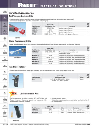 ELECTRICAL SOLUTIONS
Order number of pieces required, in multiples of Standard Package Quantity. Prime items appear in BOLD.B1.114
B2.
Cable
Accessories
C1.
Wiring
Duct
C3.
Abrasion
Protection
C4.
Cable
Management
D1.
Terminals
D2.
Power
Connectors
E1.
Labeling
Systems
E2.
Labels
E3.
Pre-Printed
& Write-On
Markers
F.
Index
B3.
Stainless
Steel Ties
C2.
Surface
Raceway
E5.
Lockout/
Tagout
& Safety
Solutions
B1.
Cable Ties
A.
System
Overview
D3.
Grounding
Connectors
E4.
Permanent
Identification
• For applications requiring a locking device on either the selector knob (one cross section size and tension only)
or tension level adjustment (but allow cross section size changes)
Tool Tension Locking Kits
• Blade replacement kits can be part of a user’s scheduled maintenance plan or used when cut-offs are not clean and crisp
Blade Replacement Kits
KGTSBLD
• Durable leather construction holster with rivets and extra tie-down strap to hold tool in place – easily fits on belt
Hand Tool Holster
Part Number
Used with
Installation Tool Contents
Std.
Pkg.
Qty.
KGTSTL GTS, GTSL Lockout cap and screw. 1
KGTHTL GTH Lockout cap and screw. 1
KPTSTL PTS, PTH Lockout cap and screw. 1
TTLK3 GS2B, GS4H, PPTS Selection locking clip and screws. 1
Hand Tool Accessories:
KGTHTL
Part Number
Used with
Installation Tool Contents
Std.
Pkg.
Qty.
KGTSBLD GTS, GTSL, PTS Threadlocker, screw, washer and
replacement blade.
1
KGTHBLD GTH Threadlocker, screw, and replacement blade. 1
K2-BLD2 GS2B, PPTS Threadlocker, screws, and replacement blade. 1
K4H-BLD GS4H Threadlocker, screws, and replacement blade. 1
K4EH-BLD GS4EH Threadlocker, screw, and replacement blade. 1
KPTHBLD PTH Threadlocker, screw, and replacement blade. 1
Part Number
Used with
Installation Tool Color
Std.
Pkg.
Qty.
GHH GTS, GTSL, GS2B, GTH, GS4H,
GS4EH, PTS, PPTS, ST3EH
Black 1
KGTSSLV
• Cushion sleeve can be added to existing GTS or GTH hand tool
• Reduce the amount of shock an operator may experience while
tensioning and cutting off cable ties
• Reduce operator fatigue
• Unique thermoplastic elastomer material that won’t split or fall off
the tool over time
Part Number
Used with
Installation Tool Color Contents
Std.
Pkg.
Qty.
KGTSSLV GTS Black Cushion sleeve and lubricant. 1
KGTHSLV GTH Red Cushion sleeve and lubricant. 1
Cushion Sleeve Kits
 
