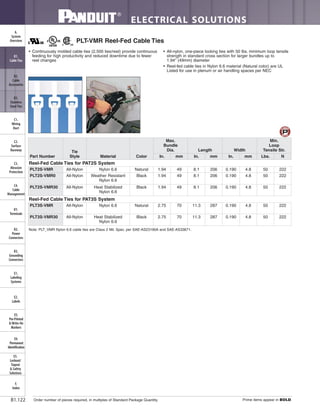 ELECTRICAL SOLUTIONS
Order number of pieces required, in multiples of Standard Package Quantity. Prime items appear in BOLD.B1.122
B2.
Cable
Accessories
C1.
Wiring
Duct
C3.
Abrasion
Protection
C4.
Cable
Management
D1.
Terminals
D2.
Power
Connectors
E1.
Labeling
Systems
E2.
Labels
E3.
Pre-Printed
& Write-On
Markers
F.
Index
B3.
Stainless
Steel Ties
C2.
Surface
Raceway
E5.
Lockout/
Tagout
& Safety
Solutions
B1.
Cable Ties
A.
System
Overview
D3.
Grounding
Connectors
E4.
Permanent
Identification
• Continuously molded cable ties (2,500 ties/reel) provide continuous
feeding for high productivity and reduced downtime due to fewer
reel changes
• All-nylon, one-piece locking ties with 50 lbs. minimum loop tensile
strength in standard cross section for larger bundles up to
1.94" (49mm) diameter
• Reel-fed cable ties in Nylon 6.6 material (Natural color) are UL
Listed for use in plenum or air handling spaces per NEC
PLT-VMR Reel-Fed Cable Ties
Note: PLT_VMR Nylon 6.6 cable ties are Class 2 Mil. Spec. per SAE-AS23190A and SAE-AS33671.
Part Number
Tie
Style Material Color
Max.
Bundle
Dia. Length Width
Min.
Loop
Tensile Str.
In. mm In. mm In. mm Lbs. N
Reel-Fed Cable Ties for PAT2S System
PLT2S-VMR All-Nylon Nylon 6.6 Natural 1.94 49 8.1 206 0.190 4.8 50 222
PLT2S-VMR0 All-Nylon Weather Resistant
Nylon 6.6
Black 1.94 49 8.1 206 0.190 4.8 50 222
PLT2S-VMR30 All-Nylon Heat Stabilized
Nylon 6.6
Black 1.94 49 8.1 206 0.190 4.8 50 222
Reel-Fed Cable Ties for PAT3S System
PLT3S-VMR All-Nylon Nylon 6.6 Natural 2.75 70 11.3 287 0.190 4.8 50 222
PLT3S-VMR30 All-Nylon Heat Stabilized
Nylon 6.6
Black 2.75 70 11.3 287 0.190 4.8 50 222
 