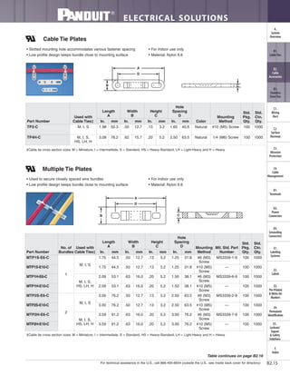For technical assistance in the U.S., call 866-405-6654 (outside the U.S., see inside back cover for directory)
ELECTRICAL SOLUTIONS
B2.15
B2.
Cable
Accessories
C1.
Wiring
Duct
C3.
Abrasion
Protection
C4.
Cable
Management
D1.
Terminals
D2.
Power
Connectors
E1.
Labeling
Systems
E2.
Labels
E3.
Pre-Printed
& Write-On
Markers
F.
Index
B3.
Stainless
Steel Ties
C2.
Surface
Raceway
E5.
Lockout/
Tagout
& Safety
Solutions
B1.
Cable Ties
A.
System
Overview
D3.
Grounding
Connectors
E4.
Permanent
Identification
Cable Tie Plates
• Slotted mounting hole accommodates various fastener spacing
• Low profile design keeps bundle close to mounting surface
• For indoor use only
• Material: Nylon 6.6
‡Cable tie cross section sizes: M = Miniature, I = Intermediate, S = Standard, HS = Heavy-Standard, LH = Light-Heavy and H = Heavy.
B
D
A
C
Multiple Tie Plates
• Used to secure closely spaced wire bundles
• Low profile design keeps bundle close to mounting surface
• For indoor use only
• Material: Nylon 6.6
Part Number
Used with
Cable Ties‡
Length
A
Width
B
Height
C
Hole
Spacing
D
Color
Mounting
Method
Std.
Pkg.
Qty.
Std.
Ctn.
Qty.In. mm In. mm In. mm In. mm
TP2-C M, I, S 1.98 50.3 .50 12.7 .13 3.2 1.60 40.6 Natural #10 (M5) Screw 100 1000
TP4H-C M, I, S,
HS, LH, H
3.08 78.2 .62 15.7 .20 5.2 2.50 63.5 Natural 1/4 (M6) Screw 100 1000
‡Cable tie cross section sizes: M = Miniature, I = Intermediate, S = Standard, HS = Heavy-Standard, LH = Light-Heavy and H = Heavy.
CB
A
D
Table continues on page B2.16
Part Number
No. of
Bundles
Used with
Cable Ties‡
Length
A
Width
B
Height
C
Hole
Spacing
D Mounting
Method
Mil. Std. Part
Number
Std.
Pkg.
Qty.
Std.
Ctn.
Qty.In. mm In. mm In. mm In. mm
MTP1S-E6-C
1
M, I, S
1.75 44.5 .50 12.7 .13 3.2 1.25 31.8 #6 (M3)
Screw
MS3339-1-9 100 1000
MTP1S-E10-C 1.75 44.5 .50 12.7 .13 3.2 1.25 31.8 #10 (M5)
Screw
— 100 1000
MTP1H-E6-C
M, I, S,
HS, LH, H
2.09 53.1 .63 16.0 .20 5.2 1.50 38.1 #6 (M3)
Screw
MS3339-6-9 100 1000
MTP1H-E10-C 2.09 53.1 .63 16.0 .20 5.2 1.50 38.1 #10 (M5)
Screw
— 100 1000
MTP2S-E6-C
2
M, I, S
3.00 76.2 .50 12.7 .13 3.2 2.50 63.5 #6 (M3)
Screw
MS3339-2-9 100 1000
MTP2S-E10-C 3.00 76.2 .50 12.7 .13 3.2 2.50 63.5 #10 (M5)
Screw
— 100 1000
MTP2H-E6-C
M, I, S,
HS, LH, H
3.59 91.2 .63 16.0 .20 5.2 3.00 76.2 #6 (M3)
Screw
MS3339-7-9 100 1000
MTP2H-E10-C 3.59 91.2 .63 16.0 .20 5.2 3.00 76.2 #10 (M5)
Screw
— 100 1000
 