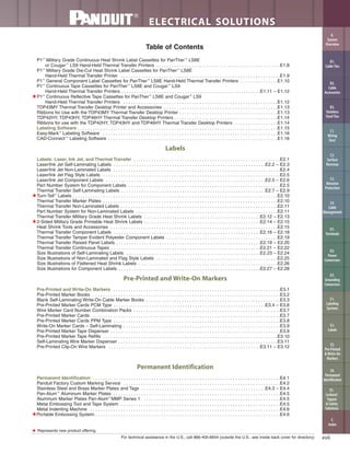 xviiFor technical assistance in the U.S., call 866-405-6654 (outside the U.S., see inside back cover for directory)
ELECTRICAL SOLUTIONS
Table of Contents
P1™
Military Grade Continuous Heat Shrink Label Cassettes for PanTher™
LS8E
or Cougar™
LS9 Hand-Held Thermal Transfer Printers . . . . . . . . . . . . . . . . . . . . . . . . . . . . . . . . . . . . . . . . . . . . . . . . .E1.8
P1™
Military Grade Die-Cut Heat Shrink Label Cassettes for PanTher™
LS8E
Hand-Held Thermal Transfer Printer . . . . . . . . . . . . . . . . . . . . . . . . . . . . . . . . . . . . . . . . . . . . . . . . . . . . . . . . . . . . . . .E1.9
P1™
General Component Label Cassettes for PanTher™
LS8E Hand-Held Thermal Transfer Printers . . . . . . . . . . . . . . .E1.10
P1™
Continuous Tape Cassettes for PanTher™
LS8E and Cougar™
LS9
Hand-Held Thermal Transfer Printers . . . . . . . . . . . . . . . . . . . . . . . . . . . . . . . . . . . . . . . . . . . . . . . . . . . . . . .E1.11 – E1.12
★P1™
Continuous Reflective Tape Cassettes for PanTher™
LS8E and Cougar™
LS9
Hand-Held Thermal Transfer Printers . . . . . . . . . . . . . . . . . . . . . . . . . . . . . . . . . . . . . . . . . . . . . . . . . . . . . . . . . . . . .E1.12
TDP43MY Thermal Transfer Desktop Printer and Accessories . . . . . . . . . . . . . . . . . . . . . . . . . . . . . . . . . . . . . . . . . . . . .E1.13
Ribbons for Use with the TDP43MY Thermal Transfer Desktop Printer . . . . . . . . . . . . . . . . . . . . . . . . . . . . . . . . . . . . . . .E1.13
TDP42HY, TDP43HY, TDP46HY Thermal Transfer Desktop Printers . . . . . . . . . . . . . . . . . . . . . . . . . . . . . . . . . . . . . . . . .E1.14
Ribbons for use with the TDP42HY, TDP43HY and TDP46HY Thermal Transfer Desktop Printers . . . . . . . . . . . . . . . . .E1.14
Labeling Software . . . . . . . . . . . . . . . . . . . . . . . . . . . . . . . . . . . . . . . . . . . . . . . . . . . . . . . . . . . . . . . . . . . . . . . . . . . . . . .E1.15
Easy-Mark™
Labeling Software . . . . . . . . . . . . . . . . . . . . . . . . . . . . . . . . . . . . . . . . . . . . . . . . . . . . . . . . . . . . . . . . . . . . .E1.16
CAD-Connect ™
Labeling Software . . . . . . . . . . . . . . . . . . . . . . . . . . . . . . . . . . . . . . . . . . . . . . . . . . . . . . . . . . . . . . . . . . .E1.16
Labels
Labels: Laser, Ink Jet, and Thermal Transfer . . . . . . . . . . . . . . . . . . . . . . . . . . . . . . . . . . . . . . . . . . . . . . . . . . . . . . . . . .E2.1
Laser/Ink Jet Self-Laminating Labels . . . . . . . . . . . . . . . . . . . . . . . . . . . . . . . . . . . . . . . . . . . . . . . . . . . . . . . . . . . .E2.2 – E2.3
Laser/Ink Jet Non-Laminated Labels . . . . . . . . . . . . . . . . . . . . . . . . . . . . . . . . . . . . . . . . . . . . . . . . . . . . . . . . . . . . . . . . . .E2.4
Laser/Ink Jet Flag Style Labels . . . . . . . . . . . . . . . . . . . . . . . . . . . . . . . . . . . . . . . . . . . . . . . . . . . . . . . . . . . . . . . . . . . . . .E2.5
Laser/Ink Jet Component Labels . . . . . . . . . . . . . . . . . . . . . . . . . . . . . . . . . . . . . . . . . . . . . . . . . . . . . . . . . . . . . . .E2.5 – E2.6
Part Number System for Component Labels . . . . . . . . . . . . . . . . . . . . . . . . . . . . . . . . . . . . . . . . . . . . . . . . . . . . . . . . . . . .E2.5
Thermal Transfer Self-Laminating Labels . . . . . . . . . . . . . . . . . . . . . . . . . . . . . . . . . . . . . . . . . . . . . . . . . . . . . . . . .E2.7 – E2.9
★Turn-Tell™
Labels . . . . . . . . . . . . . . . . . . . . . . . . . . . . . . . . . . . . . . . . . . . . . . . . . . . . . . . . . . . . . . . . . . . . . . . . . . . . . . . . .E2.10
Thermal Transfer Marker Plates . . . . . . . . . . . . . . . . . . . . . . . . . . . . . . . . . . . . . . . . . . . . . . . . . . . . . . . . . . . . . . . . . . . . .E2.10
Thermal Transfer Non-Laminated Labels . . . . . . . . . . . . . . . . . . . . . . . . . . . . . . . . . . . . . . . . . . . . . . . . . . . . . . . . . . . . . .E2.11
Part Number System for Non-Laminated Labels . . . . . . . . . . . . . . . . . . . . . . . . . . . . . . . . . . . . . . . . . . . . . . . . . . . . . . . .E2.11
Thermal Transfer Military Grade Heat Shrink Labels . . . . . . . . . . . . . . . . . . . . . . . . . . . . . . . . . . . . . . . . . . . . . .E2.12 – E2.13
★2-Sided Military Grade Printable Heat Shrink Labels . . . . . . . . . . . . . . . . . . . . . . . . . . . . . . . . . . . . . . . . . . . . . .E2.14 – E2.15
Heat Shrink Tools and Accessories . . . . . . . . . . . . . . . . . . . . . . . . . . . . . . . . . . . . . . . . . . . . . . . . . . . . . . . . . . . . . . . . . .E2.15
Thermal Transfer Component Labels . . . . . . . . . . . . . . . . . . . . . . . . . . . . . . . . . . . . . . . . . . . . . . . . . . . . . . . . . .E2.16 – E2.18
Thermal Transfer Tamper Evident Polyester Component Labels . . . . . . . . . . . . . . . . . . . . . . . . . . . . . . . . . . . . . . . . . . . .E2.19
Thermal Transfer Raised Panel Labels . . . . . . . . . . . . . . . . . . . . . . . . . . . . . . . . . . . . . . . . . . . . . . . . . . . . . . . . .E2.19 – E2.20
Thermal Transfer Continuous Tapes . . . . . . . . . . . . . . . . . . . . . . . . . . . . . . . . . . . . . . . . . . . . . . . . . . . . . . . . . . .E2.21 – E2.22
Size Illustrations of Self-Laminating Labels . . . . . . . . . . . . . . . . . . . . . . . . . . . . . . . . . . . . . . . . . . . . . . . . . . . . .E2.23 – E2.24
Size Illustrations of Non-Laminated and Flag Style Labels . . . . . . . . . . . . . . . . . . . . . . . . . . . . . . . . . . . . . . . . . . . . . . . .E2.25
Size Illustrations of Flattened Heat Shrink Labels . . . . . . . . . . . . . . . . . . . . . . . . . . . . . . . . . . . . . . . . . . . . . . . . . . . . . . .E2.26
Size Illustrations for Component Labels . . . . . . . . . . . . . . . . . . . . . . . . . . . . . . . . . . . . . . . . . . . . . . . . . . . . . . . .E2.27 – E2.28
Pre-Printed and Write-On Markers
Pre-Printed and Write-On Markers . . . . . . . . . . . . . . . . . . . . . . . . . . . . . . . . . . . . . . . . . . . . . . . . . . . . . . . . . . . . . . . . . .E3.1
Pre-Printed Marker Books . . . . . . . . . . . . . . . . . . . . . . . . . . . . . . . . . . . . . . . . . . . . . . . . . . . . . . . . . . . . . . . . . . . . . . . . . .E3.2
Blank Self-Laminating Write-On Cable Marker Books . . . . . . . . . . . . . . . . . . . . . . . . . . . . . . . . . . . . . . . . . . . . . . . . . . . . .E3.3
Pre-Printed Marker Cards PCM Type . . . . . . . . . . . . . . . . . . . . . . . . . . . . . . . . . . . . . . . . . . . . . . . . . . . . . . . . . . . .E3.4 – E3.6
Wire Marker Card Number Combination Packs . . . . . . . . . . . . . . . . . . . . . . . . . . . . . . . . . . . . . . . . . . . . . . . . . . . . . . . . . .E3.7
Pre-Printed Marker Cards . . . . . . . . . . . . . . . . . . . . . . . . . . . . . . . . . . . . . . . . . . . . . . . . . . . . . . . . . . . . . . . . . . . . . . . . . . .E3.7
Pre-Printed Marker Cards PPM Type . . . . . . . . . . . . . . . . . . . . . . . . . . . . . . . . . . . . . . . . . . . . . . . . . . . . . . . . . . . . . . . . . .E3.8
Write-On Marker Cards – Self-Laminating . . . . . . . . . . . . . . . . . . . . . . . . . . . . . . . . . . . . . . . . . . . . . . . . . . . . . . . . . . . . . .E3.9
Pre-Printed Marker Tape Dispenser . . . . . . . . . . . . . . . . . . . . . . . . . . . . . . . . . . . . . . . . . . . . . . . . . . . . . . . . . . . . . . . . . . .E3.9
Pre-Printed Marker Tape Refills . . . . . . . . . . . . . . . . . . . . . . . . . . . . . . . . . . . . . . . . . . . . . . . . . . . . . . . . . . . . . . . . . . . . .E3.10
Self-Laminating Wire Marker Dispenser . . . . . . . . . . . . . . . . . . . . . . . . . . . . . . . . . . . . . . . . . . . . . . . . . . . . . . . . . . . . . . .E3.11
Pre-Printed Clip-On Wire Markers . . . . . . . . . . . . . . . . . . . . . . . . . . . . . . . . . . . . . . . . . . . . . . . . . . . . . . . . . . . .E3.11 – E3.12
Permanent Identification
Permanent Identification . . . . . . . . . . . . . . . . . . . . . . . . . . . . . . . . . . . . . . . . . . . . . . . . . . . . . . . . . . . . . . . . . . . . . . . . . .E4.1
Panduit Factory Custom Marking Service . . . . . . . . . . . . . . . . . . . . . . . . . . . . . . . . . . . . . . . . . . . . . . . . . . . . . . . . . . . . . .E4.2
Stainless Steel and Brass Marker Plates and Tags . . . . . . . . . . . . . . . . . . . . . . . . . . . . . . . . . . . . . . . . . . . . . . . . .E4.3 – E4.4
Pan-Alum™
Aluminum Marker Plates . . . . . . . . . . . . . . . . . . . . . . . . . . . . . . . . . . . . . . . . . . . . . . . . . . . . . . . . . . . . . . . . . .E4.5
Aluminum Marker Plates Pan-Alum™
MMP Series 1 . . . . . . . . . . . . . . . . . . . . . . . . . . . . . . . . . . . . . . . . . . . . . . . . . . . . . .E4.5
Metal Embossing Tool and Tape System . . . . . . . . . . . . . . . . . . . . . . . . . . . . . . . . . . . . . . . . . . . . . . . . . . . . . . . . . . . . . . .E4.5
Metal Indenting Machine . . . . . . . . . . . . . . . . . . . . . . . . . . . . . . . . . . . . . . . . . . . . . . . . . . . . . . . . . . . . . . . . . . . . . . . . . . .E4.6
★Portable Embossing System . . . . . . . . . . . . . . . . . . . . . . . . . . . . . . . . . . . . . . . . . . . . . . . . . . . . . . . . . . . . . . . . . . . . . . . . .E4.6
★ Represents new product offering.
B2.
Cable
Accessories
C1.
Wiring
Duct
C3.
Abrasion
Protection
C4.
Cable
Management
D1.
Terminals
D2.
Power
Connectors
E1.
Labeling
Systems
E2.
Labels
E3.
Pre-Printed
& Write-On
Markers
F.
Index
B3.
Stainless
Steel Ties
C2.
Surface
Raceway
E5.
Lockout/
Tagout
& Safety
Solutions
B1.
Cable Ties
A.
System
Overview
D3.
Grounding
Connectors
E4.
Permanent
Identification
 