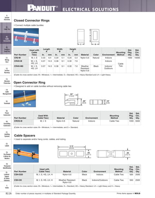 ELECTRICAL SOLUTIONS
Order number of pieces required, in multiples of Standard Package Quantity. Prime items appear in BOLD.B2.26
B2.
Cable
Accessories
C1.
Wiring
Duct
C3.
Abrasion
Protection
C4.
Cable
Management
D1.
Terminals
D2.
Power
Connectors
E1.
Labeling
Systems
E2.
Labels
E3.
Pre-Printed
& Write-On
Markers
F.
Index
B3.
Stainless
Steel Ties
C2.
Surface
Raceway
E5.
Lockout/
Tagout
& Safety
Solutions
B1.
Cable Ties
A.
System
Overview
D3.
Grounding
Connectors
E4.
Permanent
Identification
Closed Connector Rings
• Connect multiple cable bundles
‡Cable tie cross section sizes: M = Miniature, I = Intermediate, S = Standard, HS = Heavy-Standard and LH = Light-Heavy.
Open Connector Ring
• Designed to add on cable bundles without removing cable ties
‡Cable tie cross section sizes: M = Miniature, I = Intermediate, and S = Standard.
.52"
(13.2)
.26"
(6.6)
.18"
(4.6)
A
BC
Cable Spacers
• Used to separate and/or hang cords, cables, and tubing
‡Cable tie cross section sizes: M = Miniature, I = Intermediate, S = Standard, HS = Heavy-Standard, LH = Light-Heavy and H = Heavy.
Part Number
Used with
Cable Ties‡ Material Color Environment
Mounting
Method
Std.
Pkg.
Qty.
Std.
Ctn.
Qty.
CSH-D20 M, I, S, HS, LH, H Nylon 6.6 Black Indoors Cable Ties 500 2500
CSH-D0 M, I, S, HS, LH, H Weather Resistant
Nylon 6.6
Black Indoors/Outdoors Cable Ties 500 2500
2.12
(53.8)
.50
(12.7)
.62
(15.7)
Part Number
Used with
Cable
Ties‡
Length
A
Width
B
Height
C
Material Color Environment
Mounting
Method
Std.
Pkg.
Qty.
Std.
Ctn.
Qty.In. mm In. mm In. mm
CR2-M M, I, S 0.33 8.4 0.20 5.1 0.20 5.0 Nylon 6.6 Natural Indoors
Cable
Ties
1000 10000
CR4H-M M, I, S,
HS, LH
0.57 14.5 0.36 9.1 0.30 7.6 Indoors
CR4H-M0 M, I, S,
HS, LH
0.57 14.5 0.36 9.1 0.30 7.6 Weather
Resistant
Nylon 6.6
Black Indoors/
Outdoors
Part Number
Used With
Cable Ties‡ Material Color Environment
Mounting
Method
Std.
Pkg.
Qty.
Std.
Ctn.
Qty.
CROS-M M, I, S Nylon 6.6 Natural Indoors Cable Ties 1000 5000
 