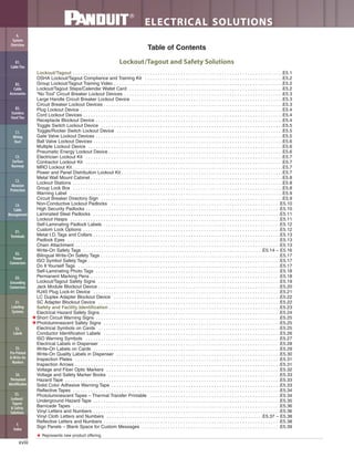 xviii
ELECTRICAL SOLUTIONS
Table of Contents
Lockout/Tagout and Safety Solutions
Lockout/Tagout . . . . . . . . . . . . . . . . . . . . . . . . . . . . . . . . . . . . . . . . . . . . . . . . . . . . . . . . . . . . . . . . . . . . . . . . . . . . . . . . . .E5.1
OSHA Lockout/Tagout Compliance and Training Kit . . . . . . . . . . . . . . . . . . . . . . . . . . . . . . . . . . . . . . . . . . . . . . . . . . . . . .E5.2
Group Lockout/Tagout Training Video . . . . . . . . . . . . . . . . . . . . . . . . . . . . . . . . . . . . . . . . . . . . . . . . . . . . . . . . . . . . . . . . . .E5.2
Lockout/Tagout Steps/Calendar Wallet Card . . . . . . . . . . . . . . . . . . . . . . . . . . . . . . . . . . . . . . . . . . . . . . . . . . . . . . . . . . . .E5.2
“No Tool” Circuit Breaker Lockout Devices . . . . . . . . . . . . . . . . . . . . . . . . . . . . . . . . . . . . . . . . . . . . . . . . . . . . . . . . . . . . . .E5.3
Large Handle Circuit Breaker Lockout Device . . . . . . . . . . . . . . . . . . . . . . . . . . . . . . . . . . . . . . . . . . . . . . . . . . . . . . . . . . .E5.3
Circuit Breaker Lockout Devices . . . . . . . . . . . . . . . . . . . . . . . . . . . . . . . . . . . . . . . . . . . . . . . . . . . . . . . . . . . . . . . . . . . . . .E5.3
Plug Lockout Device . . . . . . . . . . . . . . . . . . . . . . . . . . . . . . . . . . . . . . . . . . . . . . . . . . . . . . . . . . . . . . . . . . . . . . . . . . . . . . .E5.4
Cord Lockout Devices . . . . . . . . . . . . . . . . . . . . . . . . . . . . . . . . . . . . . . . . . . . . . . . . . . . . . . . . . . . . . . . . . . . . . . . . . . . . . .E5.4
Receptacle Blockout Device . . . . . . . . . . . . . . . . . . . . . . . . . . . . . . . . . . . . . . . . . . . . . . . . . . . . . . . . . . . . . . . . . . . . . . . . .E5.4
Toggle Switch Lockout Device . . . . . . . . . . . . . . . . . . . . . . . . . . . . . . . . . . . . . . . . . . . . . . . . . . . . . . . . . . . . . . . . . . . . . . .E5.5
Toggle/Rocker Switch Lockout Device . . . . . . . . . . . . . . . . . . . . . . . . . . . . . . . . . . . . . . . . . . . . . . . . . . . . . . . . . . . . . . . . .E5.5
Gate Valve Lockout Devices . . . . . . . . . . . . . . . . . . . . . . . . . . . . . . . . . . . . . . . . . . . . . . . . . . . . . . . . . . . . . . . . . . . . . . . . .E5.5
Ball Valve Lockout Devices . . . . . . . . . . . . . . . . . . . . . . . . . . . . . . . . . . . . . . . . . . . . . . . . . . . . . . . . . . . . . . . . . . . . . . . . . .E5.6
Multiple Lockout Device . . . . . . . . . . . . . . . . . . . . . . . . . . . . . . . . . . . . . . . . . . . . . . . . . . . . . . . . . . . . . . . . . . . . . . . . . . . .E5.6
Pneumatic Energy Lockout Device . . . . . . . . . . . . . . . . . . . . . . . . . . . . . . . . . . . . . . . . . . . . . . . . . . . . . . . . . . . . . . . . . . . .E5.6
Electrician Lockout Kit . . . . . . . . . . . . . . . . . . . . . . . . . . . . . . . . . . . . . . . . . . . . . . . . . . . . . . . . . . . . . . . . . . . . . . . . . . . . .E5.7
Contractor Lockout Kit . . . . . . . . . . . . . . . . . . . . . . . . . . . . . . . . . . . . . . . . . . . . . . . . . . . . . . . . . . . . . . . . . . . . . . . . . . . . .E5.7
MRO Lockout Kit . . . . . . . . . . . . . . . . . . . . . . . . . . . . . . . . . . . . . . . . . . . . . . . . . . . . . . . . . . . . . . . . . . . . . . . . . . . . . . . . . .E5.7
Power and Panel Distribution Lockout Kit . . . . . . . . . . . . . . . . . . . . . . . . . . . . . . . . . . . . . . . . . . . . . . . . . . . . . . . . . . . . . . .E5.7
Metal Wall Mount Cabinet . . . . . . . . . . . . . . . . . . . . . . . . . . . . . . . . . . . . . . . . . . . . . . . . . . . . . . . . . . . . . . . . . . . . . . . . . . .E5.8
Lockout Stations . . . . . . . . . . . . . . . . . . . . . . . . . . . . . . . . . . . . . . . . . . . . . . . . . . . . . . . . . . . . . . . . . . . . . . . . . . . . . . . . . .E5.8
Group Lock Box . . . . . . . . . . . . . . . . . . . . . . . . . . . . . . . . . . . . . . . . . . . . . . . . . . . . . . . . . . . . . . . . . . . . . . . . . . . . . . . . . .E5.8
Warning Label . . . . . . . . . . . . . . . . . . . . . . . . . . . . . . . . . . . . . . . . . . . . . . . . . . . . . . . . . . . . . . . . . . . . . . . . . . . . . . . . . . .E5.9
Circuit Breaker Directory Sign . . . . . . . . . . . . . . . . . . . . . . . . . . . . . . . . . . . . . . . . . . . . . . . . . . . . . . . . . . . . . . . . . . . . . . .E5.9
Non-Conductive Lockout Padlocks . . . . . . . . . . . . . . . . . . . . . . . . . . . . . . . . . . . . . . . . . . . . . . . . . . . . . . . . . . . . . . . . . .E5.10
High Security Padlocks . . . . . . . . . . . . . . . . . . . . . . . . . . . . . . . . . . . . . . . . . . . . . . . . . . . . . . . . . . . . . . . . . . . . . . . . . . . .E5.10
Laminated Steel Padlocks . . . . . . . . . . . . . . . . . . . . . . . . . . . . . . . . . . . . . . . . . . . . . . . . . . . . . . . . . . . . . . . . . . . . . . . . .E5.11
Lockout Hasps . . . . . . . . . . . . . . . . . . . . . . . . . . . . . . . . . . . . . . . . . . . . . . . . . . . . . . . . . . . . . . . . . . . . . . . . . . . . . . . . . .E5.11
Self-Laminating Padlock Labels . . . . . . . . . . . . . . . . . . . . . . . . . . . . . . . . . . . . . . . . . . . . . . . . . . . . . . . . . . . . . . . . . . . . .E5.12
Custom Lock Options . . . . . . . . . . . . . . . . . . . . . . . . . . . . . . . . . . . . . . . . . . . . . . . . . . . . . . . . . . . . . . . . . . . . . . . . . . . . .E5.12
Metal I.D. Tags and Collars . . . . . . . . . . . . . . . . . . . . . . . . . . . . . . . . . . . . . . . . . . . . . . . . . . . . . . . . . . . . . . . . . . . . . . . . .E5.13
Padlock Eyes . . . . . . . . . . . . . . . . . . . . . . . . . . . . . . . . . . . . . . . . . . . . . . . . . . . . . . . . . . . . . . . . . . . . . . . . . . . . . . . . . . .E5.13
Chain Attachment . . . . . . . . . . . . . . . . . . . . . . . . . . . . . . . . . . . . . . . . . . . . . . . . . . . . . . . . . . . . . . . . . . . . . . . . . . . . . . . .E5.13
Write-On Safety Tags . . . . . . . . . . . . . . . . . . . . . . . . . . . . . . . . . . . . . . . . . . . . . . . . . . . . . . . . . . . . . . . . . . . . . .E5.14 – E5.16
Bilingual Write-On Safety Tags . . . . . . . . . . . . . . . . . . . . . . . . . . . . . . . . . . . . . . . . . . . . . . . . . . . . . . . . . . . . . . . . . . . . . .E5.17
ISO Symbol Safety Tags . . . . . . . . . . . . . . . . . . . . . . . . . . . . . . . . . . . . . . . . . . . . . . . . . . . . . . . . . . . . . . . . . . . . . . . . . . .E5.17
Do It Yourself Tags . . . . . . . . . . . . . . . . . . . . . . . . . . . . . . . . . . . . . . . . . . . . . . . . . . . . . . . . . . . . . . . . . . . . . . . . . . . . . . .E5.17
Self-Laminating Photo Tags . . . . . . . . . . . . . . . . . . . . . . . . . . . . . . . . . . . . . . . . . . . . . . . . . . . . . . . . . . . . . . . . . . . . . . . .E5.18
Permanent Marking Pens . . . . . . . . . . . . . . . . . . . . . . . . . . . . . . . . . . . . . . . . . . . . . . . . . . . . . . . . . . . . . . . . . . . . . . . . . .E5.18
Lockout/Tagout Safety Signs . . . . . . . . . . . . . . . . . . . . . . . . . . . . . . . . . . . . . . . . . . . . . . . . . . . . . . . . . . . . . . . . . . . . . . .E5.19
Jack Module Blockout Device . . . . . . . . . . . . . . . . . . . . . . . . . . . . . . . . . . . . . . . . . . . . . . . . . . . . . . . . . . . . . . . . . . . . . . .E5.20
RJ45 Plug Lock-In Device . . . . . . . . . . . . . . . . . . . . . . . . . . . . . . . . . . . . . . . . . . . . . . . . . . . . . . . . . . . . . . . . . . . . . . . . .E5.21
LC Duplex Adapter Blockout Device . . . . . . . . . . . . . . . . . . . . . . . . . . . . . . . . . . . . . . . . . . . . . . . . . . . . . . . . . . . . . . . . .E5.22
SC Adapter Blockout Device . . . . . . . . . . . . . . . . . . . . . . . . . . . . . . . . . . . . . . . . . . . . . . . . . . . . . . . . . . . . . . . . . . . . . . .E5.22
Safety and Facility Identification . . . . . . . . . . . . . . . . . . . . . . . . . . . . . . . . . . . . . . . . . . . . . . . . . . . . . . . . . . . . . . . . . . .E5.23
Electrical Hazard Safety Signs . . . . . . . . . . . . . . . . . . . . . . . . . . . . . . . . . . . . . . . . . . . . . . . . . . . . . . . . . . . . . . . . . . . . . .E5.24
★Short Circuit Warning Signs . . . . . . . . . . . . . . . . . . . . . . . . . . . . . . . . . . . . . . . . . . . . . . . . . . . . . . . . . . . . . . . . . . . . . . . .E5.25
★Photoluminescent Safety Signs . . . . . . . . . . . . . . . . . . . . . . . . . . . . . . . . . . . . . . . . . . . . . . . . . . . . . . . . . . . . . . . . . . . . .E5.25
Electrical Symbols on Cards . . . . . . . . . . . . . . . . . . . . . . . . . . . . . . . . . . . . . . . . . . . . . . . . . . . . . . . . . . . . . . . . . . . . . . .E5.25
Conductor Identification Labels . . . . . . . . . . . . . . . . . . . . . . . . . . . . . . . . . . . . . . . . . . . . . . . . . . . . . . . . . . . . . . . . . . . . .E5.26
ISO Warning Symbols . . . . . . . . . . . . . . . . . . . . . . . . . . . . . . . . . . . . . . . . . . . . . . . . . . . . . . . . . . . . . . . . . . . . . . . . . . . .E5.27
Electrical Labels in Dispenser . . . . . . . . . . . . . . . . . . . . . . . . . . . . . . . . . . . . . . . . . . . . . . . . . . . . . . . . . . . . . . . . . . . . . .E5.28
Write-On Labels on Cards . . . . . . . . . . . . . . . . . . . . . . . . . . . . . . . . . . . . . . . . . . . . . . . . . . . . . . . . . . . . . . . . . . . . . . . . .E5.29
Write-On Quality Labels in Dispenser . . . . . . . . . . . . . . . . . . . . . . . . . . . . . . . . . . . . . . . . . . . . . . . . . . . . . . . . . . . . . . . .E5.30
Inspection Plates . . . . . . . . . . . . . . . . . . . . . . . . . . . . . . . . . . . . . . . . . . . . . . . . . . . . . . . . . . . . . . . . . . . . . . . . . . . . . . . .E5.31
Inspection Arrows . . . . . . . . . . . . . . . . . . . . . . . . . . . . . . . . . . . . . . . . . . . . . . . . . . . . . . . . . . . . . . . . . . . . . . . . . . . . . . . .E5.31
Voltage and Fiber Optic Markers . . . . . . . . . . . . . . . . . . . . . . . . . . . . . . . . . . . . . . . . . . . . . . . . . . . . . . . . . . . . . . . . . . . .E5.32
Voltage and Safety Marker Books . . . . . . . . . . . . . . . . . . . . . . . . . . . . . . . . . . . . . . . . . . . . . . . . . . . . . . . . . . . . . . . . . . .E5.33
Hazard Tape . . . . . . . . . . . . . . . . . . . . . . . . . . . . . . . . . . . . . . . . . . . . . . . . . . . . . . . . . . . . . . . . . . . . . . . . . . . . . . . . . . . .E5.33
Solid Color Adhesive Warning Tape . . . . . . . . . . . . . . . . . . . . . . . . . . . . . . . . . . . . . . . . . . . . . . . . . . . . . . . . . . . . . . . . . .E5.33
Reflective Tapes . . . . . . . . . . . . . . . . . . . . . . . . . . . . . . . . . . . . . . . . . . . . . . . . . . . . . . . . . . . . . . . . . . . . . . . . . . . . . . . . .E5.34
Photoluminescent Tapes – Thermal Transfer Printable . . . . . . . . . . . . . . . . . . . . . . . . . . . . . . . . . . . . . . . . . . . . . . . . . . .E5.34
Underground Hazard Tape . . . . . . . . . . . . . . . . . . . . . . . . . . . . . . . . . . . . . . . . . . . . . . . . . . . . . . . . . . . . . . . . . . . . . . . . .E5.35
Barricade Tapes . . . . . . . . . . . . . . . . . . . . . . . . . . . . . . . . . . . . . . . . . . . . . . . . . . . . . . . . . . . . . . . . . . . . . . . . . . . . . . . . .E5.36
Vinyl Letters and Numbers . . . . . . . . . . . . . . . . . . . . . . . . . . . . . . . . . . . . . . . . . . . . . . . . . . . . . . . . . . . . . . . . . . . . . . . . .E5.36
Vinyl Cloth Letters and Numbers . . . . . . . . . . . . . . . . . . . . . . . . . . . . . . . . . . . . . . . . . . . . . . . . . . . . . . . . . . . . .E5.37 – E5.38
Reflective Letters and Numbers . . . . . . . . . . . . . . . . . . . . . . . . . . . . . . . . . . . . . . . . . . . . . . . . . . . . . . . . . . . . . . . . . . . . .E5.38
Sign Panels – Blank Space for Custom Messages . . . . . . . . . . . . . . . . . . . . . . . . . . . . . . . . . . . . . . . . . . . . . . . . . . . . . .E5.39
★ Represents new product offering.
B2.
Cable
Accessories
C1.
Wiring
Duct
C3.
Abrasion
Protection
C4.
Cable
Management
D1.
Terminals
D2.
Power
Connectors
E1.
Labeling
Systems
E2.
Labels
E3.
Pre-Printed
& Write-On
Markers
F.
Index
B3.
Stainless
Steel Ties
C2.
Surface
Raceway
E5.
Lockout/
Tagout
& Safety
Solutions
B1.
Cable Ties
A.
System
Overview
D3.
Grounding
Connectors
E4.
Permanent
Identification
 