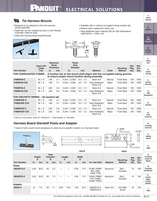 For technical assistance in the U.S., call 866-405-6654 (outside the U.S., see inside back cover for directory)
ELECTRICAL SOLUTIONS
B2.51
B2.
Cable
Accessories
C1.
Wiring
Duct
C3.
Abrasion
Protection
C4.
Cable
Management
D1.
Terminals
D2.
Power
Connectors
E1.
Labeling
Systems
E2.
Labels
E3.
Pre-Printed
& Write-On
Markers
F.
Index
B3.
Stainless
Steel Ties
C2.
Surface
Raceway
E5.
Lockout/
Tagout
& Safety
Solutions
B1.
Cable Ties
A.
System
Overview
D3.
Grounding
Connectors
E4.
Permanent
Identification
Harness Board Standoff Posts and Adapter
• Used to hold a push mount accessory or cable tie at a specific location on a harness board
.50
(12.7)
A
B
(Dia)
C
.28 DIA
(7.2)
TYP. 3 PLACES
D
A
.21 DIA
(5.3)
TYP. 2 PLACES
HB2SP HBUA
• Designed to be attached to the wire harness
during assembly
• Cable ties can be installed by hand or with Panduit
automatic cable tie tools
• Used with harness board standoff posts
• Available with or without corrugated tubing location tab
• Natural nylon material for indoor use
• Heat stabilized nylon material (30) for high temperature
applications – indoor use
Tie Harness Mounts
*Cable tie cross section sizes: M = Miniature, I = Intermediate, S = Standard.
1.54
(39.1)
.160
(4.1)
.37
(9.4)
Part Number
Height
A
Hole
Diameter
B
Length
C
Width
D
For Use With Material
Mounting
Method
Std.
Pkg.
Qty.
Std.
Ctn.
Qty.In. mm In. mm In. mm In. mm
Posts
HB2SP19-X 2.00 50.8 .20 5.2 — — 0.50 12.7 PLWP, PRWP,
WS, VWS,
HWS, TPM
Aluminum Bolt –
Included
10 100
HB2SP25-X 2.00 50.8 .30 7.5 — — 0.50 12.7 PLWP, PRWP,
PLP, THMS,
HCMP, PMCC
Aluminum Bolt –
Included
10 100
Adapter
HBUA-X .31 7.9 .28 7.1 3.00 76.2 1.00 25.4 HB2SP19-X,
HB2SP25-X
Nylon 6.6 #10 (M5)
Screw
10 100
Part Number
Used with
Cable
Ties*
Maximum
Panel
Thickness
Panel
Hole
Diameter
Material Color
Mounting
Method
Std.
Pkg.
Qty.
Std.
Ctn.
Qty.In. mm In. mm
FOR CORRUGATED TUBING – A location tab on the mount shelf aligns with the corrugated tubing grooves
to ensure proper mount location during assembly
THMSP20-C M, I, S .160 4.1 0.244 – 0.283 6.2 – 7.2 Nylon 6.6 Natural Push Barb 100 1000
THMSP20-C30 M, I, S .160 4.1 0.244 – 0.283 6.2 – 7.2 Heat Stabilized
Nylon 6.6
Black Push Barb 100 1000
THMSP25-C M, I, S .230 5.8 0.244 – 0.283 6.2 – 7.2 Nylon 6.6 Natural Push Barb 100 1000
THMSP25-C30 M, I, S .230 5.8 0.244 – 0.283 6.2 – 7.2 Heat Stabilized
Nylon 6.6
Black Push Barb 100 1000
FOR DISCRETE WIRING – No location tab
THMSP20F-C M, I, S .160 4.1 0.244 – 0.283 6.2 – 7.2 Nylon 6.6 Natural Push Barb 100 1000
THMSP20F-C30 M, I, S .160 4.1 0.244 – 0.283 6.2 – 7.2 Heat Stabilized
Nylon 6.6
Black Push Barb 100 1000
THMSP25F-C M, I, S .230 5.8 0.244 – 0.283 6.2 – 7.2 Nylon 6.6 Natural Push Barb 100 1000
THMSP25F-C30 M, I, S .230 5.8 0.244 – 0.283 6.2 – 7.2 Heat Stabilized
Nylon 6.6
Black Push Barb 100 1000
 