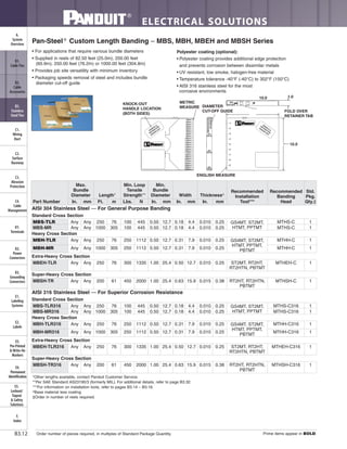 ELECTRICAL SOLUTIONS
Order number of pieces required, in multiples of Standard Package Quantity. Prime items appear in BOLD.B3.12
B2.
Cable
Accessories
C1.
Wiring
Duct
C3.
Abrasion
Protection
C4.
Cable
Management
D1.
Terminals
D2.
Power
Connectors
E1.
Labeling
Systems
E2.
Labels
E3.
Pre-Printed
& Write-On
Markers
F.
Index
B3.
Stainless
Steel Ties
C2.
Surface
Raceway
E5.
Lockout/
Tagout
& Safety
Solutions
B1.
Cable Ties
A.
System
Overview
D3.
Grounding
Connectors
E4.
Permanent
Identification
Polyester coating (optional):
• Polyester coating provides additional edge protection
and prevents corrosion between dissimilar metals
• UV resistant, low smoke, halogen-free material
• Temperature tolerance -40°F (-40°C) to 302°F (150°C)
• AISI 316 stainless steel for the most
corrosive environments
9"
8"
7"
6"
5"
4"
3"
2"
1"
10mm
20mm
30mm
40mm
50mm
60mm
70mm
80mm
90mm
100mm
110mm
120mm
130mm
140mm
150mm
160mm
170mm
180mm
190mm
200mm
210mm
220mm
230mm
240mm
250mm
3D
(76.2)
2D
(50.8)
(25.4)
1D
DIAMETER
MARKERS(MM)
TAB
CUT-OFF
HANDLE
&
RETRACTOR
KNOCK-OUT
HANDLE
&
RETRACTOR
KNOCK-OUT
KNOCK-OUT
HANDLE LOCATION
(BOTH SIDES)
METRIC
MEASURE DIAMETER
CUT-OFF GUIDE FOLD OVER
RETAINER TAB
1.0
10.0
10.0
ENGLISH MEASURE
Pan-Steel®
Custom Length Banding – MBS, MBH, MBEH and MBSH Series
• For applications that require various bundle diameters
• Supplied in reels of 82.50 feet (25.0m), 200.00 feet
(60.9m), 250.00 feet (76.2m) or 1000.00 feet (304.8m)
• Provides job site versatility with minimum inventory
• Packaging speeds removal of steel and includes bundle
diameter cut-off guide
*Other lengths available, contact Panduit Customer Service.
**Per SAE Standard AS23190/3 (formerly MIL). For additional details, refer to page B3.32.
***For information on installation tools, refer to pages B3.14 – B3.16.
^Base material less coating
‡Order in number of reels required.
Part Number
Max.
Bundle
Diameter Length*
Min. Loop
Tensile
Strength**
Min.
Bundle
Diameter Width Thickness^
Recommended
Installation
Tool***
Recommended
Banding
Head
Std.
Pkg.
Qty.‡In. mm Ft. m Lbs. N In. mm In. mm In. mm
AISI 304 Stainless Steel — For General Purpose Banding
Standard Cross Section
MBS-TLR Any Any 250 76 100 445 0.50 12.7 0.18 4.4 0.010 0.25 GS4MT, ST2MT,
HTMT, PPTMT
MTHS-C 1
MBS-MR Any Any 1000 305 100 445 0.50 12.7 0.18 4.4 0.010 0.25 MTHS-C 1
Heavy Cross Section
MBH-TLR Any Any 250 76 250 1112 0.50 12.7 0.31 7.9 0.010 0.25 GS4MT, ST2MT,
HTMT, PPTMT,
PBTMT
MTHH-C 1
MBH-MR Any Any 1000 305 250 1112 0.50 12.7 0.31 7.9 0.010 0.25 MTHH-C 1
Extra-Heavy Cross Section
MBEH-TLR Any Any 250 76 300 1335 1.00 25.4 0.50 12.7 0.010 0.25 ST2MT, RT2HT,
RT2HTN, PBTMT
MTHEH-C 1
Super-Heavy Cross Section
MBSH-TR Any Any 200 61 450 2000 1.00 25.4 0.63 15.9 0.015 0.38 RT2HT, RT2HTN,
PBTMT
MTHSH-C 1
AISI 316 Stainless Steel — For Superior Corrosion Resistance
Standard Cross Section
MBS-TLR316 Any Any 250 76 100 445 0.50 12.7 0.18 4.4 0.010 0.25 GS4MT, ST2MT,
HTMT, PPTMT
MTHS-C316 1
MBS-MR316 Any Any 1000 305 100 445 0.50 12.7 0.18 4.4 0.010 0.25 MTHS-C316 1
Heavy Cross Section
MBH-TLR316 Any Any 250 76 250 1112 0.50 12.7 0.31 7.9 0.010 0.25 GS4MT, ST2MT,
HTMT, PPTMT,
PBTMT
MTHH-C316 1
MBH-MR316 Any Any 1000 305 250 1112 0.50 12.7 0.31 7.9 0.010 0.25 MTHH-C316 1
Extra-Heavy Cross Section
MBEH-TLR316 Any Any 250 76 300 1335 1.00 25.4 0.50 12.7 0.010 0.25 ST2MT, RT2HT,
RT2HTN, PBTMT
MTHEH-C316 1
Super-Heavy Cross Section
MBSH-TR316 Any Any 200 61 450 2000 1.00 25.4 0.63 15.9 0.015 0.38 RT2HT, RT2HTN,
PBTMT
MTHSH-C316 1
 
