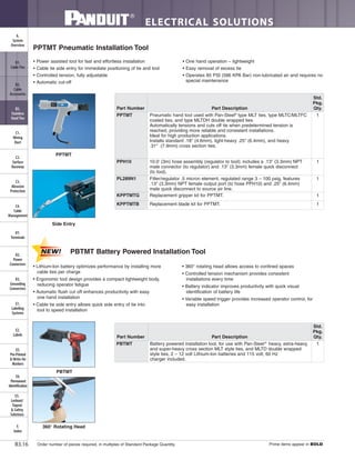 ELECTRICAL SOLUTIONS
Order number of pieces required, in multiples of Standard Package Quantity. Prime items appear in BOLD.B3.16
B2.
Cable
Accessories
C1.
Wiring
Duct
C3.
Abrasion
Protection
C4.
Cable
Management
D1.
Terminals
D2.
Power
Connectors
E1.
Labeling
Systems
E2.
Labels
E3.
Pre-Printed
& Write-On
Markers
F.
Index
B3.
Stainless
Steel Ties
C2.
Surface
Raceway
E5.
Lockout/
Tagout
& Safety
Solutions
B1.
Cable Ties
A.
System
Overview
D3.
Grounding
Connectors
E4.
Permanent
Identification
PPTMT Pneumatic Installation Tool
• Power assisted tool for fast and effortless installation
• Cable tie side entry for immediate positioning of tie and tool
• Controlled tension, fully adjustable
• Automatic cut-off
• One hand operation – lightweight
• Easy removal of excess tie
• Operates 85 PSI (586 KPA Bar) non-lubricated air and requires no
special maintenance
Part Number Part Description
Std.
Pkg.
Qty.
PPTMT Pneumatic hand tool used with Pan-Steel®
type MLT ties, type MLTC/MLTFC
coated ties, and type MLTDH double wrapped ties.
Automatically tensions and cuts off tie when predetermined tension is
reached, providing more reliable and consistent installations.
Ideal for high production applications.
Installs standard .18" (4.6mm), light-heavy .25" (6.4mm), and heavy
.31" (7.9mm) cross section ties.
1
PPH10 10.0' (3m) hose assembly (regulator to tool); includes a .13" (3.3mm) NPT
male connector (to regulator) and .13" (3.3mm) female quick disconnect
(to tool).
1
PL289N1 Filter/regulator .5 micron element, regulated range 3 – 100 psig, features
.13" (3.3mm) NPT female output port (to hose PPH10) and .25" (6.4mm)
male quick disconnect to source air line.
1
KPPTMTG Replacement gripper kit for PPTMT. 1
KPPTMTB Replacement blade kit for PPTMT. 1
PPTMT
Side Entry
PBTMT Battery Powered Installation Tool
• Lithium-Ion battery optimizes performance by installing more
cable ties per charge
• Ergonomic tool design provides a compact lightweight body,
reducing operator fatigue
• Automatic flush cut off enhances productivity with easy
one hand installation
• Cable tie side entry allows quick side entry of tie into
tool to speed installation
• 360° rotating head allows access to confined spaces
• Controlled tension mechanism provides consistent
installations every time
• Battery indicator improves productivity with quick visual
identification of battery life
• Variable speed trigger provides increased operator control, for
easy installation
PBTMT
360° Rotating Head
Part Number Part Description
Std.
Pkg.
Qty.
PBTMT Battery powered installation tool, for use with Pan-Steel®
heavy, extra-heavy,
and super-heavy cross section MLT style ties, and MLTD double wrapped
style ties, 2 – 12 volt Lithium-Ion batteries and 115 volt, 60 Hz
charger included.
1
 