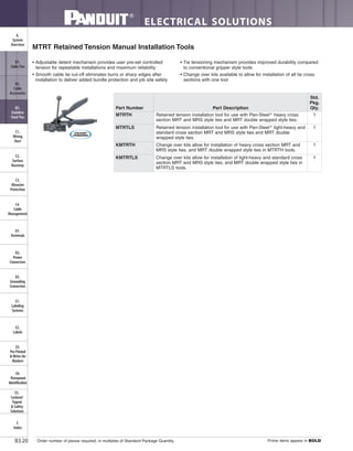 ELECTRICAL SOLUTIONS
Order number of pieces required, in multiples of Standard Package Quantity. Prime items appear in BOLD.B3.20
B2.
Cable
Accessories
C1.
Wiring
Duct
C3.
Abrasion
Protection
C4.
Cable
Management
D1.
Terminals
D2.
Power
Connectors
E1.
Labeling
Systems
E2.
Labels
E3.
Pre-Printed
& Write-On
Markers
F.
Index
B3.
Stainless
Steel Ties
C2.
Surface
Raceway
E5.
Lockout/
Tagout
& Safety
Solutions
B1.
Cable Ties
A.
System
Overview
D3.
Grounding
Connectors
E4.
Permanent
Identification
MTRT Retained Tension Manual Installation Tools
• Adjustable detent mechanism provides user pre-set controlled
tension for repeatable installations and maximum reliability
• Smooth cable tie cut-off eliminates burrs or sharp edges after
installation to deliver added bundle protection and job site safety
• Tie tensioning mechanism provides improved durability compared
to conventional gripper style tools
• Change over kits available to allow for installation of all tie cross
sections with one tool
Part Number Part Description
Std.
Pkg.
Qty.
MTRTH Retained tension installation tool for use with Pan-Steel®
heavy cross
section MRT and MRS style ties and MRT double wrapped style ties.
1
MTRTLS Retained tension installation tool for use with Pan-Steel®
light-heavy and
standard cross section MRT and MRS style ties and MRT double
wrapped style ties.
1
KMTRTH Change over kits allow for installation of heavy cross section MRT and
MRS style ties, and MRT double wrapped style ties in MTRTH tools.
1
KMTRTLS Change over kits allow for installation of light-heavy and standard cross
section MRT and MRS style ties, and MRT double wrapped style ties in
MTRTLS tools.
1
 