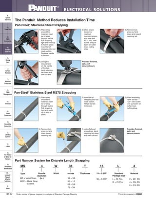 ELECTRICAL SOLUTIONS
Order number of pieces required, in multiples of Standard Package Quantity. Prime items appear in BOLD.B3.22
B2.
Cable
Accessories
C1.
Wiring
Duct
C3.
Abrasion
Protection
C4.
Cable
Management
D1.
Terminals
D2.
Power
Connectors
E1.
Labeling
Systems
E2.
Labels
E3.
Pre-Printed
& Write-On
Markers
F.
Index
B3.
Stainless
Steel Ties
C2.
Surface
Raceway
E5.
Lockout/
Tagout
& Safety
Solutions
B1.
Cable Ties
A.
System
Overview
D3.
Grounding
Connectors
E4.
Permanent
Identification
The Panduit Method Reduces Installation Time
1) Place strap
around the
material, insert
tail of strap
through buckle.
Pull strapping
tight and bend up
to hold in place.
Insert tail of
strapping into tool
nose section.
Squeeze handle
to tension.
2) Once proper
tension is
reached,
maintain tension
and raise tool
90° – 120° over
buckle and pull
down on cutter
lever, cutting
strap.
3) Remove tool,
press cut end
down and toward
retaining tab.
4) Using the
closure lever
on the handle
of the tool,
bend retaining
tab down and
over cut end.
Part Number System for Discrete Length Strapping
MS 4 W 38 T 15 L 4
MS = Metal Strap
MSC = Metal Strap
Coated
38 = 3/8
50 = 1/2
63 = 5/8
75 = 3/4
L = 50 Pcs.
Q = 25 Pcs.
2 = 201 SS
4 = 304 SS
6 = 316 SS
Bundle
Diameter
(In.)
Width InchesType Thickness MaterialStandard
Package Size
15 = 0.015"
30 = 0.030"
Pan-Steel®
Stainless Steel MS75 Strapping
1) Place strap
around the
material, insert
tail of strap
through buckle.
Pull strapping
tight and bend
up to hold in
place.
2) Insert tail of
strapping into tool
nose section.
Rotate handle
to tension.
3) After tensioning
raise tool 90° –
120° over buckle
and pull down on
cutter lever,
cutting strap.
4) Remove tool,
press cut end
down toward
retaining tab.
5) Using flathead
screwdriver, bend
retaining tab down
and over cut end.
Provides finished,
safe, and
secure closure.
Pan-Steel®
Stainless Steel Strapping
Provides finished,
safe, and
secure closure.
 