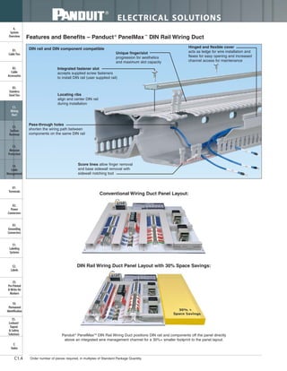 ELECTRICAL SOLUTIONS
Order number of pieces required, in multiples of Standard Package Quantity.C1.4
B2.
Cable
Accessories
C1.
Wiring
Duct
C3.
Abrasion
Protection
C4.
Cable
Management
D1.
Terminals
D2.
Power
Connectors
E1.
Labeling
Systems
E2.
Labels
E3.
Pre-Printed
& Write-On
Markers
F.
Index
B3.
Stainless
Steel Ties
C2.
Surface
Raceway
E5.
Lockout/
Tagout
& Safety
Solutions
B1.
Cable Ties
A.
System
Overview
D3.
Grounding
Connectors
E4.
Permanent
Identification
Features and Benefits – Panduct®
PanelMax™
DIN Rail Wiring Duct
Locating ribs
align and center DIN rail
during installation
DIN rail and DIN component compatible
Integrated fastener slot
accepts supplied screw fasteners
to install DIN rail (user supplied rail)
Unique finger/slot
progression for aesthetics
and maximum slot capacity
Pass-through holes
shorten the wiring path between
components on the same DIN rail
Score lines allow finger removal
and base sidewall removal with
sidewall notching tool
Hinged and flexible cover
acts as ledge for wire installation and
flexes for easy opening and increased
channel access for maintenance
Conventional Wiring Duct Panel Layout:
DIN Rail Wiring Duct Panel Layout with 30% Space Savings:
Panduit®
PanelMaxTM
DIN Rail Wiring Duct positions DIN rail and components off the panel directly
above an integrated wire management channel for a 30%+ smaller footprint to the panel layout.
 