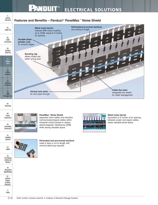 ELECTRICAL SOLUTIONS
Order number of pieces required, in multiples of Standard Package Quantity.C1.6
B2.
Cable
Accessories
C1.
Wiring
Duct
C3.
Abrasion
Protection
C4.
Cable
Management
D1.
Terminals
D2.
Power
Connectors
E1.
Labeling
Systems
E2.
Labels
E3.
Pre-Printed
& Write-On
Markers
F.
Index
B3.
Stainless
Steel Ties
C2.
Surface
Raceway
E5.
Lockout/
Tagout
& Safety
Solutions
B1.
Cable Ties
A.
System
Overview
D3.
Grounding
Connectors
E4.
Permanent
Identification
Features and Benefits – Panduct®
PanelMax™
Noise Shield
Metal noise barrier
reduces EMI noise coupling
up to 20dB, equal to 6 inches
air spacing
Perforated pre-scored sections
aid cutting to length
Bonding clip
allows shield use
within wiring duct
Vertical wire slots
for wire pass through
Cable ties slots
integrated into shield
for cable management
Durable black
powder coat
for smooth edges
Metal noise barrier
equivalent to 6 inches of air spacing
between power and signal cables,
saves valuable panel space.
PanelMax™
Noise Shield
separates drive cables and sensitive
communication/signal cables within
industrial control panels to reduce
electromagnetic interference (EMI)
while saving valuable space.
Perforated and pre-scored sections
make it easy to cut to length with
minimal deburring required.
 