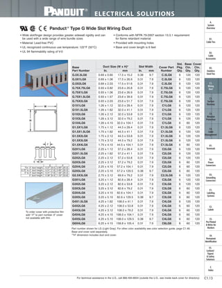 For technical assistance in the U.S., call 866-405-6654 (outside the U.S., see inside back cover for directory)
ELECTRICAL SOLUTIONS
C1.13
B2.
Cable
Accessories
C1.
Wiring
Duct
C3.
Abrasion
Protection
C4.
Cable
Management
D1.
Terminals
D2.
Power
Connectors
E1.
Labeling
Systems
E2.
Labels
E3.
Pre-Printed
& Write-On
Markers
F.
Index
B3.
Stainless
Steel Ties
C2.
Surface
Raceway
E5.
Lockout/
Tagout
& Safety
Solutions
B1.
Cable Ties
A.
System
Overview
D3.
Grounding
Connectors
E4.
Permanent
Identification
Panduct ®
Type G Wide Slot Wiring Duct
• Wide slot/finger design provides greater sidewall rigidity and can
be used with a wide range of wire bundle sizes
• Material: Lead-free PVC
• UL recognized continuous use temperature: 122°F (50°C)
• UL 94 flammability rating of V-0
• Conforms with NFPA 79-2007 section 13.3.1 requirement
for flame retardant material
• Provided with mounting holes
• Base and cover length is 6 feet
Part number shown for LG (Light Gray). For other color availability see color selection guide, page C1.48.
Base and cover sold separately.
*“H” dimension includes duct and cover.
W
H
To order cover with protective film
add “-F” to part number. 6" cover
not available with film.
F
E
For .5" duct height: 0.37" [9.4] 0.80" [20.3]
0.75" to 2" duct height: 0.31" [7.9] 0.80" [20.3]
3" to 4" duct height: 0.31" [7.9] 1.00" [25.4]
5" duct height: 0.38" [9.4] 1.33" [33.8]
FE
Base
Part Number
Duct Size (W x H)* Slot Width Cover Part
Number
Std.
Pkg.
Qty.
Base
Ctn.
Qty.
Cover
Ctn.
Qty.In. mm In. mm
G.5X.5LG6 0.69 x 0.60 17.5 x 15.2 0.38 9.7 C.5LG6 6 120 120
G.5X1LG6 0.69 x 1.06 17.5 x 26.9 0.31 7.9 C.5LG6 6 120 120
G.5X2LG6 0.69 x 2.03 17.5 x 51.6 0.31 7.9 C.5LG6 6 120 120
G.75X.75LG6 0.93 x 0.82 23.6 x 20.8 0.31 7.9 C.75LG6 6 120 120
G.75X1LG6 0.93 x 1.06 23.6 x 26.9 0.31 7.9 C.75LG6 6 120 120
G.75X1.5LG6 0.93 x 1.57 23.6 x 39.9 0.31 7.9 C.75LG6 6 120 120
G.75X2LG6 0.93 x 2.03 23.6 x 51.7 0.31 7.9 C.75LG6 6 120 120
G1X1LG6 1.26 x 1.12 32.0 x 28.4 0.31 7.9 C1LG6 6 120 120
G1X1.5LG6 1.26 x 1.62 32.0 x 41.1 0.31 7.9 C1LG6 6 120 120
G1X2LG6 1.26 x 2.12 32.0 x 53.8 0.31 7.9 C1LG6 6 120 120
G1X3LG6 1.26 x 3.12 32.0 x 79.2 0.31 7.9 C1LG6 6 120 120
G1X4LG6 1.26 x 4.10 32.0 x 104.1 0.31 7.9 C1LG6 6 60 120
G1.5X1LG6 1.75 x 1.12 44.5 x 28.4 0.31 7.9 C1.5LG6 6 120 120
G1.5X1.5LG6 1.75 x 1.62 44.5 x 41.1 0.31 7.9 C1.5LG6 6 120 120
G1.5X2LG6 1.75 x 2.12 44.5 x 53.8 0.31 7.9 C1.5LG6 6 120 120
G1.5X3LG6 1.75 x 3.12 44.5 x 79.2 0.31 7.9 C1.5LG6 6 120 120
G1.5X4LG6 1.75 x 4.10 44.5 x 104.1 0.31 7.9 C1.5LG6 6 60 120
G2X1LG6 2.25 x 1.12 57.2 x 28.4 0.31 7.9 C2LG6 6 120 120
G2X1.5LG6 2.25 x 1.62 57.2 x 41.1 0.31 7.9 C2LG6 6 120 120
G2X2LG6 2.25 x 2.12 57.2 x 53.8 0.31 7.9 C2LG6 6 120 120
G2X3LG6 2.25 x 3.12 57.2 x 79.2 0.31 7.9 C2LG6 6 60 120
G2X4LG6 2.25 x 4.10 57.2 x 104.1 0.31 7.9 C2LG6 6 60 120
G2X5LG6 2.25 x 5.10 57.2 x 129.5 0.38 9.7 C2LG6 6 60 120
G2.5X3LG6 2.75 x 3.12 69.9 x 79.2 0.31 7.9 C2.5LG6 6 120 120
G3X1LG6 3.25 x 1.12 82.6 x 28.4 0.31 7.9 C3LG6 6 120 120
G3X2LG6 3.25 x 2.12 82.6 x 53.8 0.31 7.9 C3LG6 6 120 120
G3X3LG6 3.25 x 3.12 82.6 x 79.2 0.31 7.9 C3LG6 6 60 120
G3X4LG6 3.25 x 4.10 82.6 x 104.1 0.31 7.9 C3LG6 6 60 120
G3X5LG6 3.25 x 5.10 82.6 x 129.5 0.38 9.7 C3LG6 6 60 120
G4X1.5LG6 4.25 x 1.62 108.0 x 41.1 0.31 7.9 C4LG6 6 120 120
G4X2LG6 4.25 x 2.12 108.0 x 53.8 0.31 7.9 C4LG6 6 60 120
G4X3LG6 4.25 x 3.12 108.0 x 79.2 0.31 7.9 C4LG6 6 60 120
G4X4LG6 4.25 x 4.10 108.0 x 104.1 0.31 7.9 C4LG6 6 60 120
G4X5LG6 4.25 x 5.10 108.0 x 129.5 0.38 9.7 C4LG6 6 60 120
G6X4LG6 6.25 x 4.15 158.8 x 105.4 0.31 7.9 C6LG6 6 60 120
 