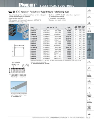 For technical assistance in the U.S., call 866-405-6654 (outside the U.S., see inside back cover for directory)
ELECTRICAL SOLUTIONS
C1.17
B2.
Cable
Accessories
C1.
Wiring
Duct
C3.
Abrasion
Protection
C4.
Cable
Management
D1.
Terminals
D2.
Power
Connectors
E1.
Labeling
Systems
E2.
Labels
E3.
Pre-Printed
& Write-On
Markers
F.
Index
B3.
Stainless
Steel Ties
C2.
Surface
Raceway
E5.
Lockout/
Tagout
& Safety
Solutions
B1.
Cable Ties
A.
System
Overview
D3.
Grounding
Connectors
E4.
Permanent
Identification
Panduct ®
Flush Cover Type D Round Hole Wiring Duct
• Round hole design has multiple rows of holes to retain and support
wire at variable heights and positions
• Material: Lead-free PVC
• UL recognized continuous use temperature: 122°F (50°C)
• UL 94 flammability rating of V-0
• Conforms with NFPA 79-2007 section 13.3.1 requirement
for flame retardant material
• Provided with mounting holes
• Base and cover length is 6 feet
.67 + .06 TYP
[16.94 + 1.5]
-
- .44 + .02Ø
[11.2 + 0.5]
-
-
For 2" duct height = 3 rows of holes
3" duct height = 4 rows of holes
4" duct height = 6 rows of holes
H
Part number shown for LG (Light Gray). For other color availability see color selection guide, page C1.48.
Base and cover sold separately.
*“H” dimension includes duct and cover.
W
H
To order cover with protective film
add “-F” to part number. 6" cover
not available with film.
Base
Part Number
Duct Size (W x H)* Cover
Part Number
Std.
Pkg.
Qty.
Base
Ctn.
Qty.
Cover
Ctn.
Qty.In. mm
D1X2LG6 1.26 x 2.12 32.0 x 53.8 C1LG6 6 120 120
D1X3LG6 1.26 x 3.12 32.0 x 79.2 C1LG6 6 120 120
D1X4LG6 1.26 x 4.10 32.0 x 104.1 C1LG6 6 120 120
D1.5X2LG6 1.75 x 2.12 44.5 x 53.8 C1.5LG6 6 120 120
D1.5X3LG6 1.75 x 3.12 44.5 x 79.2 C1.5LG6 6 120 120
D1.5X4LG6 1.75 x 4.10 44.5 x 104.1 C1.5LG6 6 60 120
D2X2LG6 2.25 x 2.12 57.2 x 53.8 C2LG6 6 120 120
D2X3LG6 2.25 x 3.12 57.2 x 79.2 C2LG6 6 60 120
D2X4LG6 2.25 x 4.10 57.2 x 104.1 C2LG6 6 60 120
D2.5X3LG6 2.75 x 3.12 69.9 x 79.2 C2.5LG6 6 120 120
D3X2LG6 3.25 x 2.12 82.6 x 53.8 C3LG6 6 120 120
D3X3LG6 3.25 x 3.12 82.6 x 79.2 C3LG6 6 60 120
D3X4LG6 3.25 x 4.10 82.6 x 104.1 C3LG6 6 60 120
D4X2LG6 4.25 x 2.12 108.0 x 53.8 C4LG6 6 60 120
D4X3LG6 4.25 x 3.12 108.0 x 79.2 C4LG6 6 60 120
D4X4LG6 4.25 x 4.10 108.0 x 104.1 C4LG6 6 60 120
 