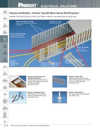 ELECTRICAL SOLUTIONS
Order number of pieces required, in multiples of Standard Package Quantity.C1.18
B2.
Cable
Accessories
C1.
Wiring
Duct
C3.
Abrasion
Protection
C4.
Cable
Management
D1.
Terminals
D2.
Power
Connectors
E1.
Labeling
Systems
E2.
Labels
E3.
Pre-Printed
& Write-On
Markers
F.
Index
B3.
Stainless
Steel Ties
C2.
Surface
Raceway
E5.
Lockout/
Tagout
& Safety
Solutions
B1.
Cable Ties
A.
System
Overview
D3.
Grounding
Connectors
E4.
Permanent
Identification
Non-slip cover liner
prevents cover slide
DIN 43 659 metric mounting
hole pattern meets European
requirementsUpper and lower scorelines allow
easy fingers and sidewall section
removal saving installation time
Narrow finger/slot design
matches the spacing of
high-density components
Flush cover design
provides a neat
finished appearance
Double restricted slot design
retains wires, eliminating hassle and
saving time
Specially
formulated
lead-free PVC
material
Features and Benefits – Panduct ®
Type MC Metric Narrow Slot Wiring Duct
Available in 20 sizes from 25mm x 25mm up to 100mm x 100mm in international gray and white colors.
Panduct ®
Wire Retainers for
Type MC Wiring Duct
Contain wiring when duct cover is
opened. Wire retainers snap easily
between duct fingers.
(see page C1.29)
Panduct ®
Installation Tools
Wide selection of hand tools for
cutting and installing wiring duct.
(see page C1.34)
Panduct ®
Divider Wall
Create separate wiring channels
within the wiring duct base. Available
in solid or slotted wall styles.
(see page C1.26)
Panduct ®
Nylon Rivets
Fast, lowest cost mounting method.
(see page C1.34)
 