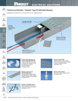 ELECTRICAL SOLUTIONS
Order number of pieces required, in multiples of Standard Package Quantity.C1.20
B2.
Cable
Accessories
C1.
Wiring
Duct
C3.
Abrasion
Protection
C4.
Cable
Management
D1.
Terminals
D2.
Power
Connectors
E1.
Labeling
Systems
E2.
Labels
E3.
Pre-Printed
& Write-On
Markers
F.
Index
B3.
Stainless
Steel Ties
C2.
Surface
Raceway
E5.
Lockout/
Tagout
& Safety
Solutions
B1.
Cable Ties
A.
System
Overview
D3.
Grounding
Connectors
E4.
Permanent
Identification
Base scoreline allows easy
removal of sidewall sections
saving installation time
Flush cover design
provides a neat and
finished appearance
Non-slip cover liner
prevents cover slide
Specially
formulated
lead-free PVC
material
Panduct ®
Wire Retainers for
Type FS Solid Wall Raceway
Contain wiring when duct cover
is opened. Wire retainers mount
onto walls with pressure
sensitive adhesive.
(see page C1.28)
Panduct ®
Installation Tools
Wide selection of hand tools for
cutting and installing wiring duct.
(see page C1.34)
Panduct ®
Divider Wall
Create separate wiring channels
within the wiring duct base. Available
in solid or slotted wall styles.
(see page C1.26)
Panduct ®
Nylon Rivets
Fast, lowest cost mounting method.
(see page C1.34)
Features and Benefits – Panduct ®
Type FS Solid Wall Raceway
Available in 27 sizes from .5" x .5" up to 6" x 4" in a variety of colors.
Panduct ®
Type C Cover
with Protective Film
Reduces scrap and labor costs
by protecting the surface during
storage, handling, and installation.
(see page C1.21)
 