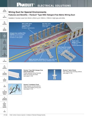 ELECTRICAL SOLUTIONS
Order number of pieces required, in multiples of Standard Package Quantity.C1.22
B2.
Cable
Accessories
C1.
Wiring
Duct
C3.
Abrasion
Protection
C4.
Cable
Management
D1.
Terminals
D2.
Power
Connectors
E1.
Labeling
Systems
E2.
Labels
E3.
Pre-Printed
& Write-On
Markers
F.
Index
B3.
Stainless
Steel Ties
C2.
Surface
Raceway
E5.
Lockout/
Tagout
& Safety
Solutions
B1.
Cable Ties
A.
System
Overview
D3.
Grounding
Connectors
E4.
Permanent
Identification
Upper and lower scorelines allows easy finger and
sidewall section removal, saving installation time
Flush cover
design provides
a neat and
finished appearance
Non-slip cover
liner prevents
cover slide
Halogen-free modified PPO
material is environmentally
safe and will not release
corrosive or toxic gases
Panduct®
Type NNC Halogen-Free
Solid Divider Wall
Create separate wiring channels
within the wiring duct base.
(see page C1.23)
Panduct®
Nylon Rivets
Fast, lowest cost mounting method.
(see page C1.34)
Features and Benefits – Panduct®
Type NNC Halogen-Free Metric Wiring Duct
Available in fourteen sizes from 25mm x 25mm up to 100mm x 100mm in light gray and white.
Wide finger/slot design
provides greater rigidity
and allows use with a
wide range of wire and
bundle sizes
DIN 43 659 metric
mounting hole
pattern meets
European requirements
Panduct®
Installation Tools
Wide selection of hand tools for
cutting and installing wiring duct.
(see page C1.34)
Wiring Duct for Special Environments
 