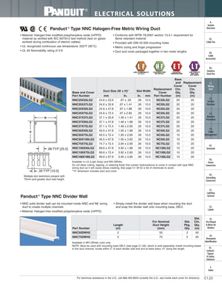 For technical assistance in the U.S., call 866-405-6654 (outside the U.S., see inside back cover for directory)
ELECTRICAL SOLUTIONS
C1.23
B2.
Cable
Accessories
C1.
Wiring
Duct
C3.
Abrasion
Protection
C4.
Cable
Management
D1.
Terminals
D2.
Power
Connectors
E1.
Labeling
Systems
E2.
Labels
E3.
Pre-Printed
& Write-On
Markers
F.
Index
B3.
Stainless
Steel Ties
C2.
Surface
Raceway
E5.
Lockout/
Tagout
& Safety
Solutions
B1.
Cable Ties
A.
System
Overview
D3.
Grounding
Connectors
E4.
Permanent
Identification
Panduct ®
Type NNC Halogen-Free Metric Wiring Duct
• Material: Halogen-free modified polyphenylene oxide (mPPO)
material as verified with IEC 60754-2 test method (test on gases
evolved during combustion of electric cables)
• UL recognized continuous use temperature: 203°F (95°C)
• UL 94 flammability rating of V-0
• Conforms with NFPA 79-2007 section 13.3.1 requirement for
flame retardant material
• Provided with DIN 43 659 mounting holes
• Metric sizing and finger progression
• Duct and cover packaged together in two meter lengths
Available in LG (Light Gray) and WH (White).
Do not allow cutting, tapping, or cleaning fluids that contain hydrocarbons to come in contact with type NNC
wiring duct as it will cause stress cracking. See page C1.49 for a list of chemicals to avoid.
*"H" dimension includes duct and cover..39 TYP [10.0]
.98 TYP [25.0]
Multiple slot restrictors present with
75mm and greater duct wall height.
Panduct®
Type NNC Divider Wall
• NNC solid divider wall can be mounted inside NNC and NE wiring
duct to create multiple channels
• Material: Halogen-free modified polyphenylene oxide (mPPO)
• Simply install the divider wall base when mounting the duct
and snap the divider wall onto mounting base, DB-C
Available in WH (White) color only.
NOTE: Must be used with mounting base DB-C (see page C1.26), which is sold separately. Install mounting bases
to the duct channel, locate within 2" of each divider wall end and at least every 12" along the length.
Part Number
Length
(m)
For Nominal
Duct Height
(mm)
Std.
Pkg.
Qty.
Std.
Ctn.
Qty.
(m)
NNC50DWH2 2 50 2 40
NNC75DWH2 2 75 2 40
W
H
Base and Cover
Part Number
Duct Size (W x H)* Slot Width
Replacement
Cover
Part Number
Base
and
Cover
Ctn.
Qty.
(m)
Replacement
Cover
Ctn.
Qty.
(m)mm In. In. mm
NNC25X25LG2 24.6 x 23.6 .97 x .93 .39 10.0 NC25LG2 20 20
NNC25X37LG2 24.6 x 35.8 .97 x 1.41 .39 10.0 NC25LG2 20 20
NNC25X50LG2 24.6 x 47.8 .97 x 1.88 .39 10.0 NC25LG2 20 20
NNC25X75LG2 24.6 x 72.4 .97 x 2.85 .39 10.0 NC25LG2 20 20
NNC37X37LG2 37.1 x 35.8 1.46 x 1.41 .39 10.0 NC37LG2 20 20
NNC37X50LG2 37.1 x 47.8 1.46 x 1.88 .39 10.0 NC37LG2 20 20
NNC37X75LG2 37.1 x 72.4 1.46 x 2.85 .39 10.0 NC37LG2 20 20
NNC50X50LG2 49.5 x 47.8 1.95 x 1.88 .39 10.0 NC50LG2 20 20
NNC50X75LG2 49.5 x 72.4 1.95 x 2.85 .39 10.0 NC50LG2 10 20
NNC50X100LG2 49.5 x 97.8 1.95 x 3.85 .39 10.0 NC50LG2 10 20
NNC75X75LG2 74.7 x 72.4 2.94 x 2.85 .39 10.0 NC75LG2 10 20
NNC100X50LG2 99.6 x 47.8 3.92 x 1.88 .39 10.0 NC100LG2 10 20
NNC100X75LG2 99.6 x 72.4 3.92 x 2.85 .39 10.0 NC100LG2 10 20
NNC100X100LG2 99.6 x 97.8 3.92 x 3.85 .39 10.0 NC100LG2 10 20
 