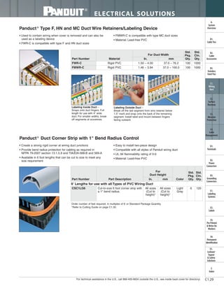 ELECTRICAL SOLUTIONS
C1.29
Panduct®
Type F, HN and MC Duct Wire Retainers/Labeling Device
• Used to contain wiring when cover is removed and can also be
used as a labeling device
• FWR-C is compatible with type F and HN duct sizes
• FMWR-C is compatible with type MC duct sizes
• Material: Lead-free PVC
Labeling Inside Duct –
Snaps onto duct fingers. Full
length for use with 4" wide
duct. For smaller widths, break
off segments at scorelines.
Labeling Outside Duct –
Break off the last segment from wire retainer below
1.5" mark and snap onto the back of the remaining
segment. Install label and mount between fingers
facing outward.
Panduct®
Duct Corner Strip with 1" Bend Radius Control
• Create a strong rigid corner at wiring duct junctions
• Provide bend radius protection for cabling as required in
NFPA 79-2007 section 13.1.5.9 and TIA/EIA-568-B and 569-A
• Available in 6 foot lengths that can be cut to size to meet any
size requirement
• Easy to install two-piece design
• Compatible with all styles of Panduit wiring duct
• UL 94 flammability rating of V-0
• Material: Lead-free PVC
Order number of feet required, in multiples of 6' or Standard Package Quantity.
*Refer to Cutting Guide on page C1.30.
For technical assistance in the U.S., call 866-405-6654 (outside the U.S., see inside back cover for directory)
B2.
Cable
Accessories
C1.
Wiring
Duct
C3.
Abrasion
Protection
C4.
Cable
Management
D1.
Terminals
D2.
Power
Connectors
E1.
Labeling
Systems
E2.
Labels
E3.
Pre-Printed
& Write-On
Markers
F.
Index
B3.
Stainless
Steel Ties
C2.
Surface
Raceway
E5.
Lockout/
Tagout
& Safety
Solutions
B1.
Cable Ties
A.
System
Overview
D3.
Grounding
Connectors
E4.
Permanent
Identification
Part Number Material
For Duct Width
Std.
Pkg.
Qty.
Std.
Ctn.
Qty.In. mm
FWR-C Rigid PVC 1.50 – 4.00 37.0 – 76.2 100 1000
FMWR-C Rigid PVC 1.46 – 3.94 37.0 – 100.0 100 1000
Part Number Part Description
For
Duct Height
Color
Std.
Pkg.
Qty.
Std.
Ctn.
Qty.In. mm
6' Lengths for use with all Types of PVC Wiring Duct
CSC1LG6 Cut-to-size 6 foot corner strip with
a 1" bend radius.
All sizes
(Cut to
height)*
All sizes
(Cut to
height)*
Light
Gray
6 120
 