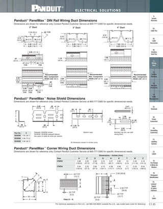 For technical assistance in the U.S., call 866-405-6654 (outside the U.S., see inside back cover for directory)
ELECTRICAL SOLUTIONS
C1.35
B2.
Cable
Accessories
C1.
Wiring
Duct
C3.
Abrasion
Protection
C4.
Cable
Management
D1.
Terminals
D2.
Power
Connectors
E1.
Labeling
Systems
E2.
Labels
E3.
Pre-Printed
& Write-On
Markers
F.
Index
B3.
Stainless
Steel Ties
C2.
Surface
Raceway
E5.
Lockout/
Tagout
& Safety
Solutions
B1.
Cable Ties
A.
System
Overview
D3.
Grounding
Connectors
E4.
Permanent
Identification
Panduct ®
PanelMax™
Corner Wiring Duct Dimensions
D
.50 TYP
[12.7]
.20 TYP
[5.0]
View A – A
T
Z
C
A
HG
W
A
A
2.00 [50.8]
2.00 TYP
[50.8]
.50 TYP
[12.7]
.20 TYP
[5.0]
K
Dimensions are shown for reference only. Contact Panduit Customer Service at 800-777-3300 for specific dimensional needs.
Size
Dimensions – Inches (mm)
A C D G H K T W Z
CWD3 4.98
(126.6)
2.25
(57.2)
2.83
(71.8)
3.10
(79.1)
3.57
(90.7)
3.95
(100.4)
.10
(2.4)
4.40
(111.8)
5.16
(131.0)
CWD4 5.94
(150.9)
2.25
(57.2)
3.84
(97.5)
4.10
(104.1)
4.58
(115.7)
4.89
(124.3)
.11
(2.7)
5.33
(135.3)
6.54
(166.0)
Panduct ®
PanelMax™
DIN Rail Wiring Duct Dimensions
2" Duct 3" Duct 4" Duct
2.12
(54.0)
5.30 (134.6)
6.25 (158.7)
6.30 (160.0)
7.25 (184.1)
7.30 (185.4)
8.25 (209.5)
3.12
(79.4)
4.12
(104.8)
.87
(22.0)
2.35
(59.6)
TYP.
1.18
(30.0)
2.85
(72.3)
TYP.
3.35
(85.1)
TYP.
1.68
(42.7)
Recommended
Max. Component
Width 2.62 (66.5)
Recommended
Max. Component
Width 2.67 (67.9)
Recommended
Max. Component
Width 3.67 (93.3)
.20
(5.0)
TYP.
2.00
(50.8)
TYP.
2.00
(50.8)
TYP.
.50 (12.7)
TYP.
4.00 (101.6)
.31 (8.0)
TYP.
.63 (15.9)
TYP.
1.14 (29.0)
.10 (2.5) .20 (5.0) .10 (2.5) .28 (7.0)
.10 (2.5) .28 (7.0)
50° TYP.
Panduct ®
PanelMax™
Noise Shield Dimensions
.96
(24.4)
.80
(20.3)
X
2.00
(50.8)
1.00
(25.4)
.50
(12.7)
.20
(5.1)
.30
(7.6)
.20
(5.1)
2.62
(66.6)
.75
(19.0)
1.40
(35.6)
GAP
.16 (4.2)
Sidewall: SD2EMI shown.
SD3EMI, SD4EMI sidewall feature
two pairs of cable tie slots per section.
Bottom view. Bonding clip (for use with
wiring duct).
All dimension shown in inches (mm).
Part No. X
SD2EMI 1.82 (46.1)
SD3EMI 2.88 (73.2)
SD4EMI 3.86 (98.2)
Dimensions are shown for reference only. Contact Panduit Customer Service at 800-777-3300 for specific dimensional needs.
Dimensions are shown for reference only. Contact Panduit Customer Service at 800-777-3300 for specific dimensional needs.
 