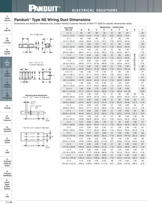 ELECTRICAL SOLUTIONS
C1.40
B2.
Cable
Accessories
C1.
Wiring
Duct
C3.
Abrasion
Protection
C4.
Cable
Management
D1.
Terminals
D2.
Power
Connectors
E1.
Labeling
Systems
E2.
Labels
E3.
Pre-Printed
& Write-On
Markers
F.
Index
B3.
Stainless
Steel Ties
C2.
Surface
Raceway
E5.
Lockout/
Tagout
& Safety
Solutions
B1.
Cable Ties
A.
System
Overview
D3.
Grounding
Connectors
E4.
Permanent
Identification
Panduct ®
Type NE Wiring Duct Dimensions
Dimensions are shown for reference only. Contact Panduit Customer Service at 800-777-3300 for specific dimensional needs.
For .5" high duct.
For 1", 1.5", 2", 3",
4" and 5" high duct.
D
T
A
BH
E
C
T
A
BH
E
C
F
D
F
Mounting Hole Dimensions
For .5", .75", 1" and 1.5" wide duct.
For 2.0", 2.5", 3" and 4" wide duct.
.50 TYP
[12.7]
.195 TYP
[5.0]
4.0 [101.6] TYP
4.0 [101.6] TYP
2.0
[50.8]
2.0
[50.8]
K
CL
CL
K
Duct Size
(W x H)
Dimensions – Inches (mm)
A B C D E F H K T
.5 x .5 .63 .56 .69 .38 .37 .80 .50 .05
(12.7) x (12.7) (16.0) (14.2) (17.5) (9.7) (9.4) (20.3) (12.7) (1.3)
.5 x 1 .63 1.06 .69 .75 .31 .80 1.00 .06
(12.7) x (25.4) (16.0) (26.9) (17.5) (19.1) (7.9) (20.3) (25.4) (1.5)
1 x 1 1.14 1.06 1.25 .75 .31 .80 1.00 .06
(25.4) x (25.4) (29.0) (26.9) (31.8) (19.1) (7.9) (20.3) (25.4) (1.5)
1 x 1.5 1.14 1.62 1.25 1.20 .31 .80 1.50 .07
(25.4) x (38.1) (29.0) (41.1) (31.8) (30.5) (7.9) (20.3) (38.1) (1.8)
1 x 2 1.14 2.06 1.25 1.63 .31 .80 2.00 .07
(25.4) x (50.8) (29.0) (52.3) (31.8) (41.4) (7.9) (20.3) (50.8) (1.8)
1 x 3 1.14 3.06 1.25 2.63 .31 1.00 3.00 .07
(25.4) x (76.2) (29.0) (77.7) (31.8) (66.8) (7.9) (25.4) (76.2) (1.8)
1 x 4 1.14 4.06 1.25 3.63 .31 1.00 4.00 .08
(25.4) x (101.6) (29.0) (103.1) (31.8) (92.2) (7.9) (25.4) (101.6) (2.0)
1.5 x 1.5 1.64 1.62 1.75 1.20 .31 .80 1.50 .07
(38.1) x (38.1) (41.7) (41.1) (44.5) (30.5) (7.9) (20.3) (38.1) (1.8)
1.5 x 2 1.64 2.06 1.75 1.63 .31 .80 2.00 .07
(38.1) x (50.8) (41.7) (52.3) (44.5) (41.4) (7.9) (20.3) (50.8) (1.8)
1.5 x 3 1.64 3.06 1.75 2.63 .31 1.00 3.00 .07
(38.1) x (76.2) (41.7) (77.7) (44.5) (66.8) (7.9) (25.4) (76.2) (1.8)
1.5 x 4 1.64 4.06 1.75 3.63 .31 1.00 4.00 .08
(38.1) x (101.6) (41.7) (103.1) (44.5) (92.2) (7.9) (25.4) (101.6) (2.0)
2 x 1 2.14 1.06 2.25 .75 .31 .80 1.00 .50 .06
(50.8) x (25.4) (54.4) (26.9) (57.2) (19.1) (7.9) (20.3) (25.4) (12.7) (1.5)
2 x 2 2.14 2.06 2.25 1.63 .31 .80 2.00 .50 .07
(50.8) x (50.8) (54.4) (52.3) (57.2) (41.4) (7.9) (20.3) (50.8) (12.7) (1.8)
2 x 3 2.14 3.06 2.25 2.63 .31 1.00 3.00 .50 .07
(50.8) x (76.2) (54.4) (77.7) (57.2) (66.8) (7.9) (25.4) (76.2) (12.7) (1.8)
2 x 4 2.14 4.06 2.25 3.63 .31 1.00 4.00 .50 .08
(50.8) x (101.6) (54.4) (103.1) (57.2) (92.2) (7.9) (25.4) (101.6) (12.7) (2.0)
3 x 1 3.14 1.06 3.25 .75 .31 .80 1.00 1.00 .06
(76.2) x (25.4) (79.8) (26.9) (82.6) (19.1) (7.9) (20.3) (25.4) (25.4) (1.5)
3 x 2 3.14 2.06 3.25 1.63 .31 .80 2.00 1.00 .07
(76.2) x (50.8) (79.8) (52.3) (82.6) (41.4) (7.9) (20.3) (50.8) (25.4) (1.7)
3 x 3 3.14 3.06 3.25 2.63 .31 1.00 3.00 1.00 .07
(76.2) x (76.2) (79.8) (77.7) (82.6) (66.8) (7.9) (25.4) (76.2) (25.4) (1.8)
3 x 4 3.14 4.06 3.25 3.63 .31 1.00 4.00 1.00 .08
(76.2) x (101.6) (79.8) (103.1) (82.6) (92.2) (7.9) (25.4) (101.6) (25.4) (2.0)
3 x 5 3.14 5.06 3.25 4.63 .38 1.33 5.00 1.00 .09
(76.2) x (127.0) (79.8) (128.5) (82.6) (117.6) (9.7) (33.8) (127.0) (25.4) (2.3)
4 x 2 4.14 2.06 4.25 1.63 .31 .80 2.00 1.50 .07
(101.6) x (50.8) (105.2) (52.3) (108.0) (41.4) (7.9) (20.3) (50.8) (38.1) (1.8)
4 x 3 4.14 3.06 4.25 2.63 .31 1.00 3.00 1.50 .07
(101.6) x (76.2) (105.2) (77.7) (108.0) (66.8) (7.9) (25.4) (76.2) (38.1) (1.8)
4 x 4 4.14 4.06 4.25 3.63 .31 1.00 4.00 1.50 .08
(101.6) x (101.6) (105.2) (103.1) (108.0) (92.2) (7.9) (25.4) (101.6) (38.1) (2.0)
4 x 5 4.14 5.06 4.25 4.63 .38 1.33 5.00 1.50 .09
(101.6) x (127.0) (105.2) (128.5) (108.0) (117.6) (9.7) (33.8) (127.0) (38.1) (2.3)
ONCENTERLINE
 