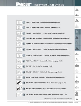 For technical assistance in the U.S., call 866-405-6654 (outside the U.S., see inside back cover for directory)
ELECTRICAL SOLUTIONS
C1.55
B2.
Cable
Accessories
C1.
Wiring
Duct
C3.
Abrasion
Protection
C4.
Cable
Management
D1.
Terminals
D2.
Power
Connectors
E1.
Labeling
Systems
E2.
Labels
E3.
Pre-Printed
& Write-On
Markers
F.
Index
B3.
Stainless
Steel Ties
C2.
Surface
Raceway
E5.
Lockout/
Tagout
& Safety
Solutions
B1.
Cable Ties
A.
System
Overview
D3.
Grounding
Connectors
E4.
Permanent
Identification
FCF2X2** and FCF4X4** – Coupler Fitting (see page C1.56)
FEC2X2** and FEC4X4** – End Cap Fitting (see page C1.57)
FFWC2X2** and FFWC4X4** – 4-Way Cross Fitting (see page C1.57)
FIVRA2X2** and FIVRA4X4** – Inside Vertical Right Angle (see page C1.57)
FIV452X2** and FIV454X4** – Inside Vertical 45° Angle (see page C1.57)
FOV452X2** and FOV454X4** – Outside Vertical 45° Angle (see page C1.57)
FT2X2** and FT4X4** – Horizontal Tee Fitting (see page C1.57)
FVT4X4** – 4x4 Vertical Tee (see page C1.58)
FRA2X2** – FRA4X4** – Right Angle Fitting (see page C1.56)
FRF42** – 4x4 to 2x2 Fiber-Duct™
Reducer Fitting (see page C1.57)
S2X2**6NM and S4X4**6NM Fiber-Duct™
Channel (see page C1.56)
E2X2**6 and E4X4**6 Fiber-Duct™
Slotted Channel (see page C1.56)
FOVRA2X2** and FOVRA4X4** – Outside Vertical Right Angle (see page C1.57)
TRC2BL and TRC4BL – Bend Radius Control Trumpet (see page C1.59)
1
2
3
4
5
6
7
8
9
10
11
12
13
14
**Available colors include: YL (Yellow), OR (Orange), and BL (Black).
 