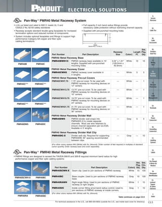 • c-UL-us listed and rated to 600 V; meets UL 5 and
CSA22.2 No. 62-93 safety standards
• Raceway accepts standard double gang faceplates for increased
termination options and reduced number of components
• System includes optional faceplates and fittings to support high
performance Category 6A copper and fiber optic
cabling terminations
• Full capacity 2 inch bend radius fittings provide
necessary cable protection without restricting channel capacity
• Supplied with pre-punched mounting holes
For technical assistance in the U.S., call 866-405-6654 (outside the U.S., see inside back cover for directory)
ELECTRICAL SOLUTIONS
C2.5
B2.
Cable
Accessories
C1.
Wiring
Duct
C3.
Abrasion
Protection
C4.
Cable
Management
D1.
Terminals
D2.
Power
Connectors
E1.
Labeling
Systems
E2.
Labels
E3.
Pre-Printed
& Write-On
Markers
F.
Index
B3.
Stainless
Steel Ties
C2.
Surface
Raceway
E5.
Lockout/
Tagout
& Safety
Solutions
B1.
Cable Ties
A.
System
Overview
D3.
Grounding
Connectors
E4.
Permanent
Identification
Pan-Way®
PMR40 Metal Raceway System
‡For other colors replace WH (White) with AL (Almond). Order number of feet required in multiples of standard
carton quantity. Order raceway base and cover separately.
PMR40
Internal Area = 7.45 Sq. In.
1.61"
5.04"
PMR40B PMR40C
PMR40C*** PMR40C***
PMR40C*** PMR40C***
PMR40DW5 PMR40DC
PMR40SCWH-X PMR40BC
PMR40RA
Table continues on page C2.6
• PMR40 fittings are designed to exceed the TIA/EIA-568-B and 569-B required minimum bend radius for high
performance copper and fiber optic cabling systems
‡For other colors replace WH (White) with AL (Almond).
Pan-Way®
PMR40 Metal Raceway Fittings
PMR40SIC
Part Number Part Description
Raceway
Size Color‡
Length
Ft.
Std.
Pkg.
Qty.
PMR40 Metal Raceway Base
PMR40BWH10 PMR40 raceway base available in 10'
lengths. Supplied with pre-punched
mounting holes.
5.04" x 1.61"
(128.0mm x
40.9mm)
White 10 10
PMR40 Metal Raceway Cover
PMR40CWH5 PMR40 raceway cover available in
5' lengths.
— White 5 5
PMR40 Metal Raceway Pre-cut Covers
PMR40CWH7.75 7.75" pre-cut cover. To be used with
PMR40 raceway for mounting devices on
12" centers.
— White — 1
PMR40CWH13.75 13.75" pre-cut cover. To be used with
PMR40 raceway for mounting devices on
18" centers.
— White — 1
PMR40CWH19.75 19.75" pre-cut cover. To be used with
PMR40 raceway for mounting devices on
24" centers.
— White — 1
PMR40CWH31.75 31.75" pre-cut cover. To be used with
PMR40 raceway for mounting devices on
36" centers.
— White — 1
PMR40 Metal Raceway Divider Wall
PMR40DW5 PMR40 divider wall snaps into
PMR40DC-X to create separate
channels. Must use wire retainers to
ensure channel separation per UL/CSA.
Available in 5' lengths.
— Gray 5 5
PMR40 Metal Raceway Divider Wall Clip
PMR40DC-X Divider wall clip. Required for supporting
PMR40DW. 30" spacing recommended
between clips.
— Gray — 10
Part Number Part Description Color‡
Std.
Pkg.
Qty.
Std.
Ctn.
Qty.
PMR40SCWH-X Seam clip. Used to join sections of PMR40 raceway. White 10 100
PMR40BC Base coupler. Used to join sections of PMR40 raceway
base.
Gray 10 100
PMR40RAWH Right angle fitting. Used to join sections of PMR40
raceway at right angles.
White 1 10
PMR40SIC Inside corner fitting w/out bend radius control. Used to
join sections of PMR40 raceway at inside corners.
Gray 1 10
 