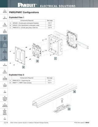 ELECTRICAL SOLUTIONS
Order number of pieces required, in multiples of Standard Package Quantity. Prime items appear in BOLD.C2.10
B2.
Cable
Accessories
C1.
Wiring
Duct
C3.
Abrasion
Protection
C4.
Cable
Management
D1.
Terminals
D2.
Power
Connectors
E1.
Labeling
Systems
E2.
Labels
E3.
Pre-Printed
& Write-On
Markers
F.
Index
B3.
Stainless
Steel Ties
C2.
Surface
Raceway
E5.
Lockout/
Tagout
& Safety
Solutions
B1.
Cable Ties
A.
System
Overview
D3.
Grounding
Connectors
E4.
Permanent
Identification
A. MP2GR = Double gang rectangular faceplate.
B. ERU20 = 20 A Specification rectangular outlet.
C. PMR5747-2 = Double gang deep outlet box.
Components Required See page
PMR5/PMR7 Configurations
Exploded View 1
C2.17
C2.61
C2.15
A
C
B
A. PMR57SC-X = Supporting clip.
B. PMR7*** = PMR7 metal raceway.
Components Required See page
Exploded View 2
C2.11
C2.11
A
B
 