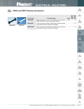 For technical assistance in the U.S., call 866-405-6654 (outside the U.S., see inside back cover for directory)
ELECTRICAL SOLUTIONS
C2.13
B2.
Cable
Accessories
C1.
Wiring
Duct
C3.
Abrasion
Protection
C4.
Cable
Management
D1.
Terminals
D2.
Power
Connectors
E1.
Labeling
Systems
E2.
Labels
E3.
Pre-Printed
& Write-On
Markers
F.
Index
B3.
Stainless
Steel Ties
C2.
Surface
Raceway
E5.
Lockout/
Tagout
& Safety
Solutions
B1.
Cable Ties
A.
System
Overview
D3.
Grounding
Connectors
E4.
Permanent
Identification
PMR5 and PMR7 Raceway Accessories
Part Number Part Description Color
Std.
Pkg.
Qty.
Std.
Ctn.
Qty.
PMR57MRT Metal raceway tool. To aid in the installation and removal of
PMR5 and PMR7 metal raceway base sections.
Black 1 10
PMRTUPAL Touch-up paint pen. Used to repair areas of metal raceway
where paint has been removed or damaged.
— 1 10
PMRTUPWH Touch-up paint pen. Used to repair areas of metal raceway
where paint has been removed or damaged.
— 1 10
PMR57MRT PMRTUP**
 