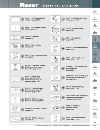 For technical assistance in the U.S., call 866-405-6654 (outside the U.S., see inside back cover for directory)
ELECTRICAL SOLUTIONS
B2.
Cable
Accessories
C1.
Wiring
Duct
C3.
Abrasion
Protection
C4.
Cable
Management
D1.
Terminals
D2.
Power
Connectors
E1.
Labeling
Systems
E2.
Labels
E3.
Pre-Printed
& Write-On
Markers
F.
Index
B3.
Stainless
Steel Ties
C2.
Surface
Raceway
E5.
Lockout/
Tagout
& Safety
Solutions
B1.
Cable Ties
A.
System
Overview
D3.
Grounding
Connectors
E4.
Permanent
Identification
C2.21
TG-70** – TG-70 Raceway Base
and Cover (page C2.24)
TGEC** – TG-70 End Cap
(page C2.25)
TGTR** – TG-70 Transition Fitting
(page C2.25)
JBP2FS** – Fast-Snap™
Double
Gang Power Rated Surface
Mount Box (page C2.52)
T70PG** – Single Gang
Rectangular Electrical/
Communication Snap-On
Faceplate (page C2.53)
ERU20** – 20 A Rectangular
Electrical Outlet (page C2.61)
TG70BC** – TG-70 Base Couplers
(page C2.25)
T70CC** – T-70 Cover Couplers
(page C2.25)
TGOC** — TG-70 Outside Corner
Fitting (page C2.25)
TGBF** — TG-70 Backfeed Fitting
(page C2.25)
TGIC** — TG-70 Inside Corner
Fitting (page C2.25)
TG70HB3-X – TG-70 Hanging Box
with Divider Wall
(page C2.26)
TGRA** – TG-70 Right Angle
Fitting (page C2.25)
CPG** – Single Gang Rectangular
Power and Communication
Faceplate (page C2.60)
T70FV2** – Vertical Sloped
Communication Snap-On
Faceplate (page C2.52)
T70DB-X – T-70 Device
Mounting Bracket
(page C2.26)
TGT** — TG-70 Tee Fitting
(page C2.25)
TGEE** – TG-70 Entrance End
Fitting (page C2.25)
TGDW – TG-70 Raceway Divider
Wall (page C2.24)
LD2P10** – Raceway
(page C2.75) TGTD — TG Tee Divider
(page C2.25)
A
1
B
2
G
D
F
E
C
H
J
K
L
O
M
N
UIT70FH4** – Ultimate ID®
Sloped
Horizontal Snap-On Faceplate
(see SA-NCCB51)
P
T
S
R
Q
1
 