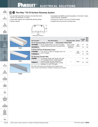 ELECTRICAL SOLUTIONS
Order number of pieces required, in multiples of Standard Package Quantity. Prime items appear in BOLD.
B2.
Cable
Accessories
C1.
Wiring
Duct
C3.
Abrasion
Protection
C4.
Cable
Management
D1.
Terminals
D2.
Power
Connectors
E1.
Labeling
Systems
E2.
Labels
E3.
Pre-Printed
& Write-On
Markers
F.
Index
B3.
Stainless
Steel Ties
C2.
Surface
Raceway
E5.
Lockout/
Tagout
& Safety
Solutions
B1.
Cable Ties
A.
System
Overview
D3.
Grounding
Connectors
E4.
Permanent
Identification
C2.24
Pan-Way ®
TG-70 Surface Raceway System
• UL and CSA rated 600 V; meets UL 5A and CSA C22.2
No. 62.1-03 standards; FT4 rated
• Large cable capacity with aesthetically pleasing design
• Tamper resistant
• Compatible with NEMA standard faceplates or Pan-Way ®
Classic
Series Snap-On Faceplates
• Transitions to Panduit T-45 and LD profile raceway
• Supplied with pre-punched mounting holes
‡For other colors replace IW (Off White) with EI (Electric Ivory).
Order number of feet required in multiples of standard carton quantity.
Part Number Part Description Raceway Size Color‡
Length
(Ft.)
Std.
Ctn.
Qty.
TG-70 Raceway Base and Cover — PACKAGED TOGETHER
TG70IW8 TG-70 raceway base in 8' and 10' lengths.
Supplied with pre-punched mounting holes.
5.32" x 2.68"
(135.0mm x
68.0mm)
Off
White
8 32
TG70IW10 10 40
T-70/TG-70/Twin-70 Raceway Cover
T70CIW8 T-70, TG-70, or Twin-70 raceway cover in 8'
and 10' lengths.
— Off
White
8 96
T70CIW10 10 120
TG Raceway Divider Wall
TGDW8 TG raceway divider wall. Snaps onto rails
in TG raceway base to create separate
channels. Must use wire retainers to
ensure channel separation per UL/CSA.
Available in 8' and 10' lengths.
— Gray
8 64
TGDW10 10 80
TG-70
Internal Area = 10.85 Sq. In.
TG70
T70C
TGDW
 