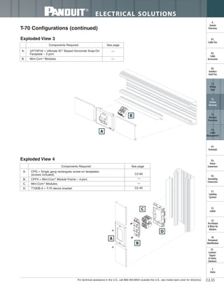 For technical assistance in the U.S., call 866-405-6654 (outside the U.S., see inside back cover for directory)
ELECTRICAL SOLUTIONS
C2.33
B2.
Cable
Accessories
C1.
Wiring
Duct
C3.
Abrasion
Protection
C4.
Cable
Management
D1.
Terminals
D2.
Power
Connectors
E1.
Labeling
Systems
E2.
Labels
E3.
Pre-Printed
& Write-On
Markers
F.
Index
B3.
Stainless
Steel Ties
C2.
Surface
Raceway
E5.
Lockout/
Tagout
& Safety
Solutions
B1.
Cable Ties
A.
System
Overview
D3.
Grounding
Connectors
E4.
Permanent
Identification
A. UIT70FH2 = Ultimate ID®
Sloped Horizontal Snap-On
Faceplate – 2-port.
B. Mini-Com®
Modules.
Components Required See page
A. CPG = Single gang rectangular screw-on faceplates
(screws included).
B. CFP4 = Mini-Com®
Module Frame – 4-port.
C. Mini-Com®
Modules.
D. T70DB-X = T-70 device bracket.
—
—
C2.60
—
—
C2.40
Components Required See page
A
B
A
B
C
D
T-70 Configurations (continued)
Exploded View 4
Exploded View 3
 