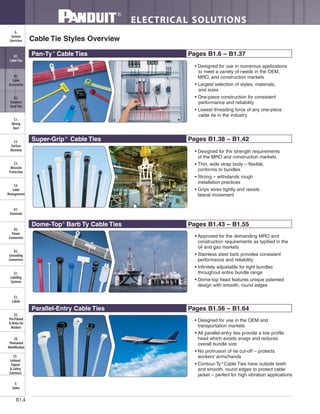 ELECTRICAL SOLUTIONS
B1.4
B2.
Cable
Accessories
C1.
Wiring
Duct
C3.
Abrasion
Protection
C4.
Cable
Management
D1.
Terminals
D2.
Power
Connectors
E1.
Labeling
Systems
E2.
Labels
E3.
Pre-Printed
& Write-On
Markers
F.
Index
B3.
Stainless
Steel Ties
C2.
Surface
Raceway
E5.
Lockout/
Tagout
& Safety
Solutions
B1.
Cable Ties
A.
System
Overview
D3.
Grounding
Connectors
E4.
Permanent
Identification
Cable Tie Styles Overview
Pan-Ty®
Cable Ties Pages B1.6 – B1.37
Dome-Top®
Barb Ty Cable Ties Pages B1.43 – B1.55
Parallel-Entry Cable Ties Pages B1.56 – B1.64
• Designed for use in numerous applications
to meet a variety of needs in the OEM,
MRO, and construction markets
• Largest selection of styles, materials,
and sizes
• One-piece construction for consistent
performance and reliability
• Lowest threading force of any one-piece
cable tie in the industry
• Designed for the strength requirements
of the MRO and construction markets
• Thin, wide strap body – flexible,
conforms to bundles
• Strong – withstands rough
installation practices
• Grips wires tightly and resists
lateral movement
• Approved for the demanding MRO and
construction requirements as typified in the
oil and gas markets
• Stainless steel barb provides consistent
performance and reliability
• Infinitely adjustable for tight bundles
throughout entire bundle range
• Dome-top head features unique patented
design with smooth, round edges
• Designed for use in the OEM and
transportation markets
• All parallel-entry ties provide a low profile
head which avoids snags and reduces
overall bundle size
• No protrusion of tie cut-off – protects
workers’ arms/hands
• Contour-Ty ®
Cable Ties have outside teeth
and smooth, round edges to protect cable
jacket – perfect for high vibration applications
Super-Grip®
Cable Ties Pages B1.38 – B1.42
 